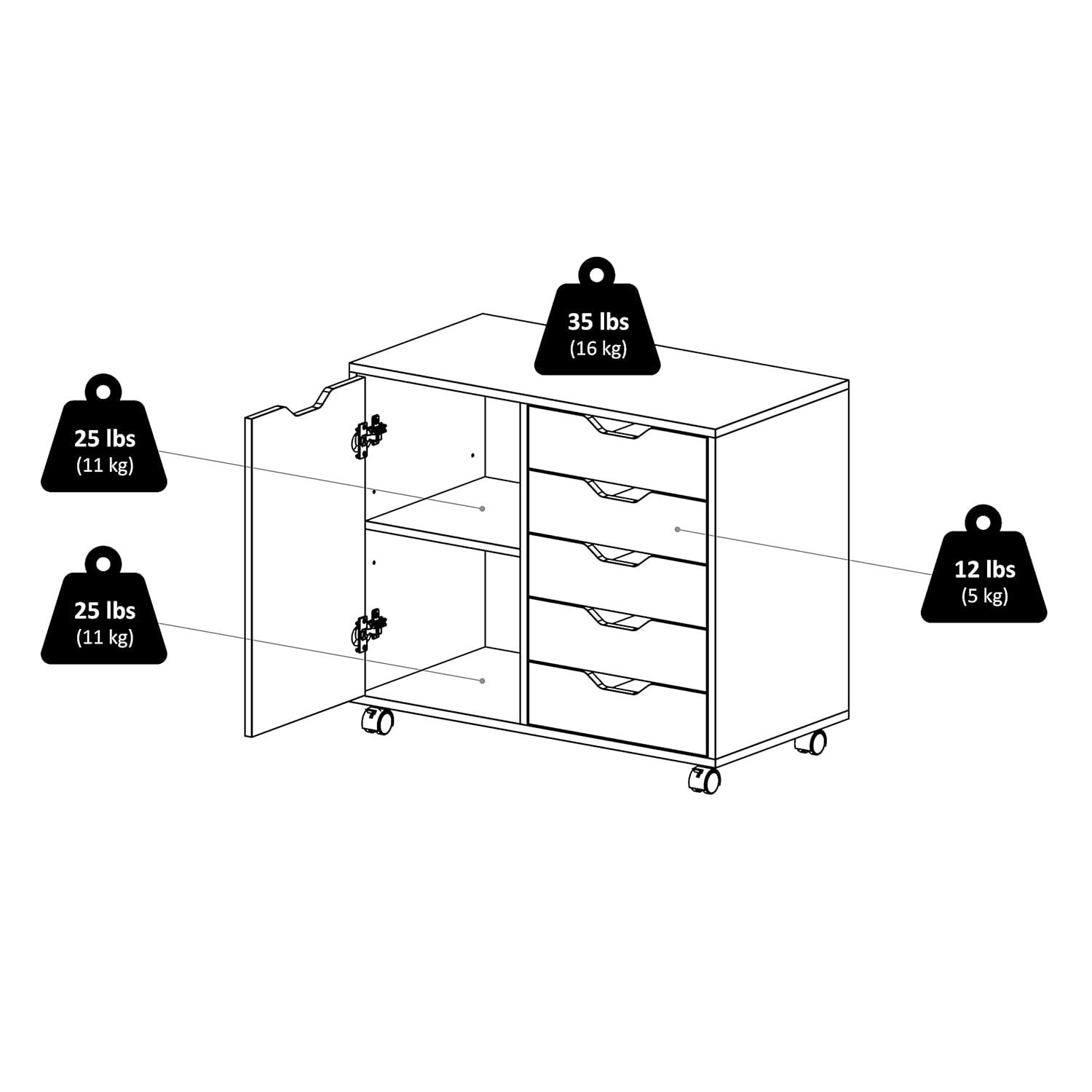 Halifax Cabinet with 5 Drawer & 1 Side Cabinet Black - Winsome: Mobile Storage Unit, Composite Wood, Modern Design