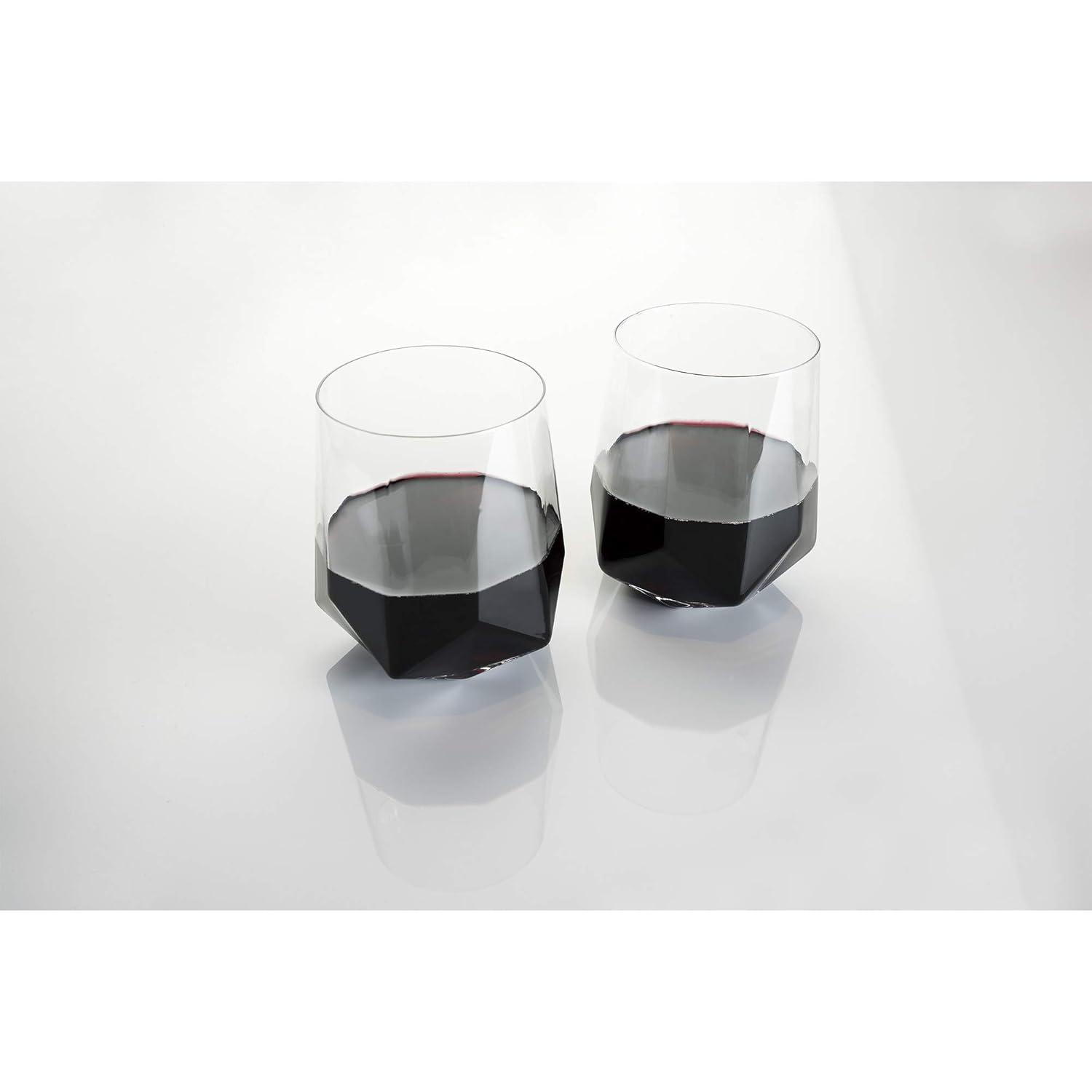 Viski Raye Faceted Crystal Wine Glasses Set of 2 - Premium Crystal Clear Glass, Modern Stemless, Wine Glass Gift Set, 20 oz