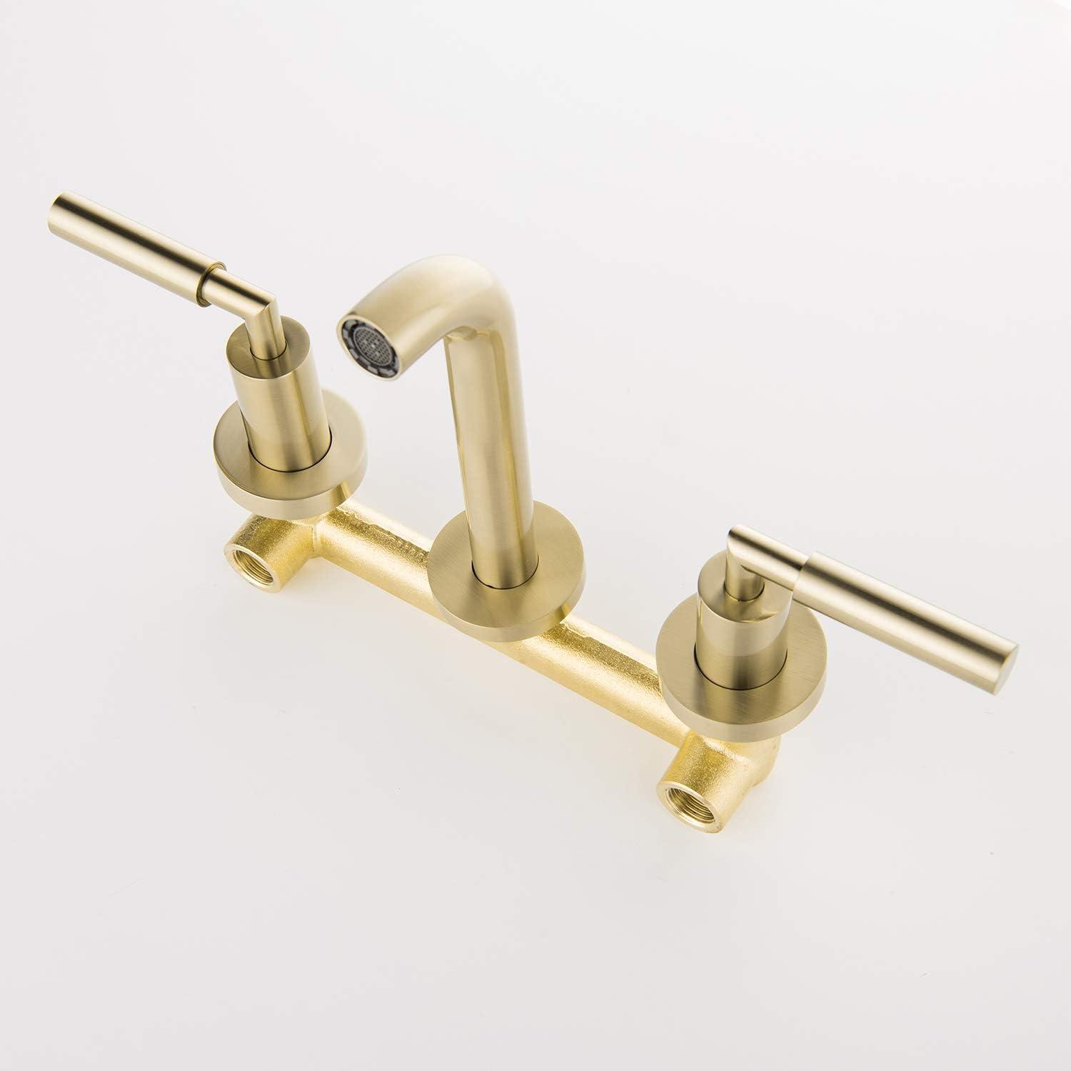 Brushed Gold Wall Mount Dual Handle Bathroom Faucet