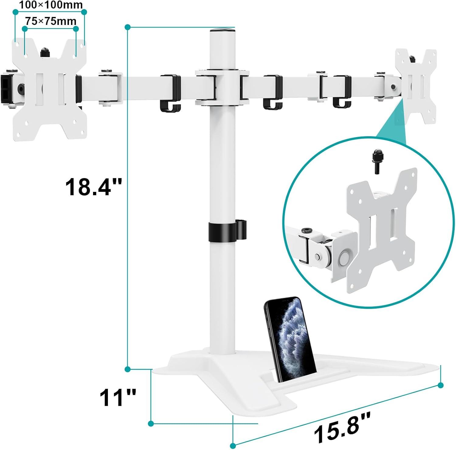 MOUNT PRO Dual Monitor Stand, Free-Standing Full Motion Monitor Desk Mount Fits 2 Screens up to 27 inches,17.6lbs with Height Adjustable, Swivel, Tilt, Rotation, VESA 75x75 100x100,White