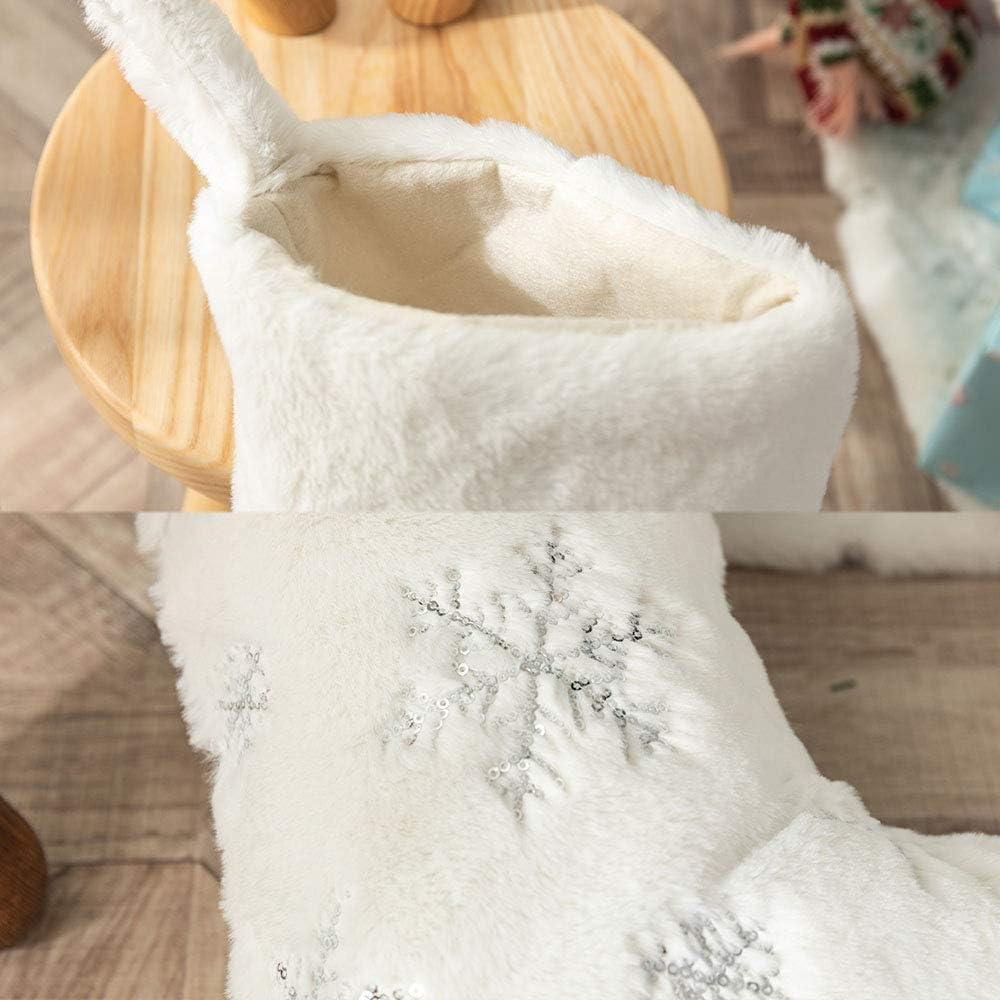2PCS Plush Christmas Stockings White Faux Fur Large 56cm Deluxe Hanging Xmas Stockings with Silver Sequin Snowflake for Christmas Fireplace Decorations (White-S, 22inches)