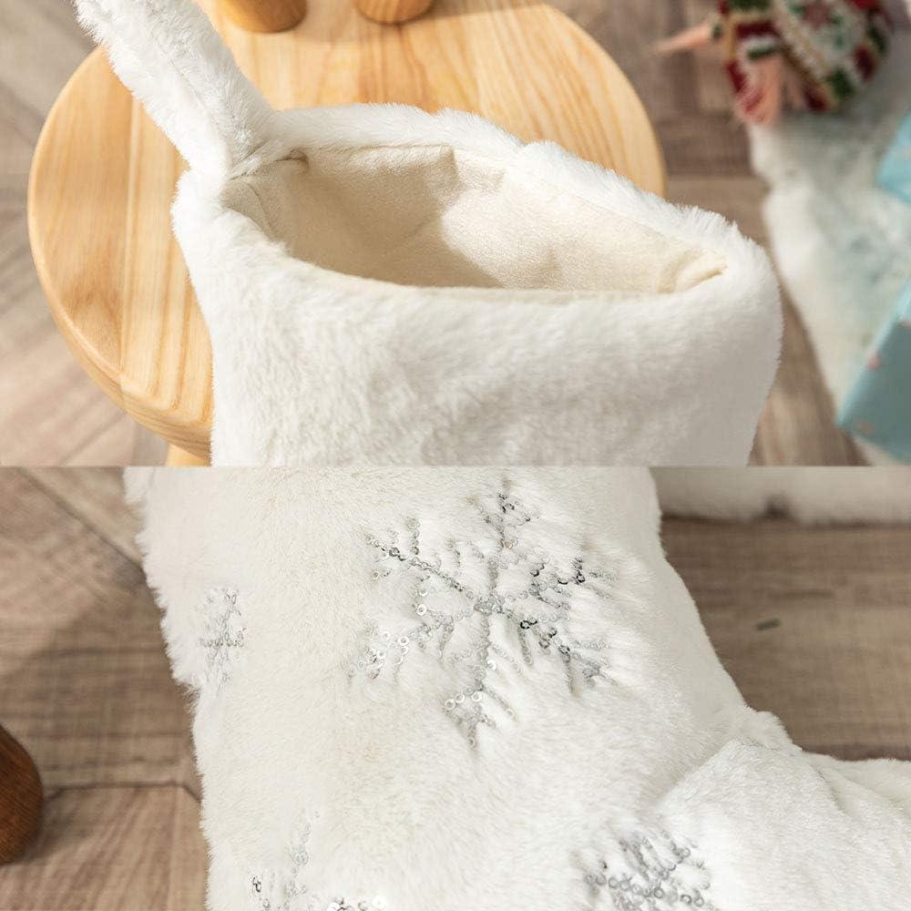 White Faux Fur Christmas Stockings with Gold Snowflakes, 22 Inches