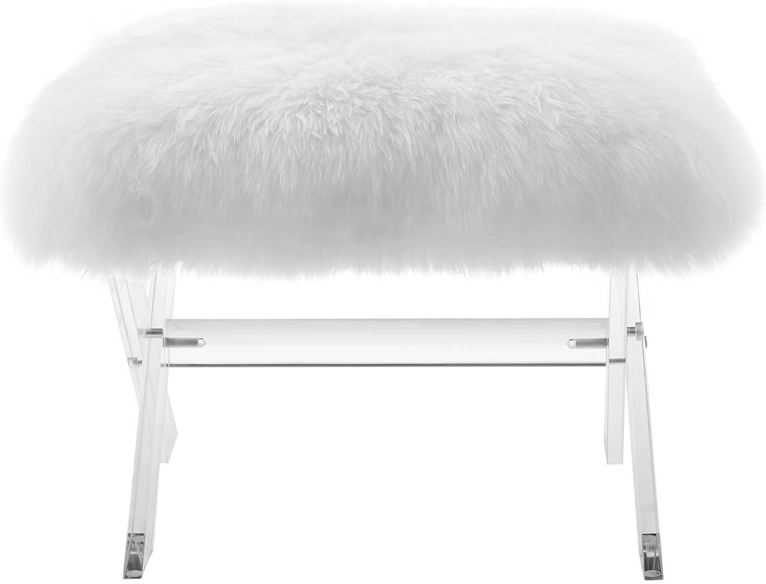 Chic Luxe Clear Acrylic and Pure White Sheepskin Bench