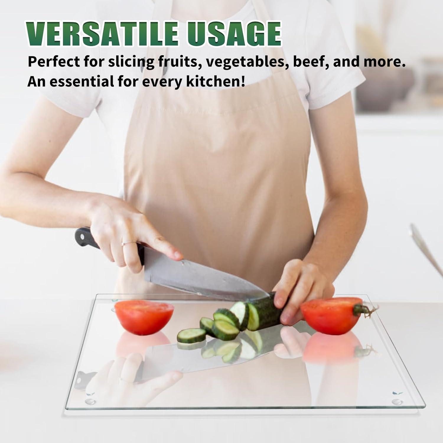 Tempered Glass Cutting Board for Kitchen, Clear Glass Board for Countertop, Heat Resistant, with Non-Slip Feet, 12x16" & 12x8" 2 Pcs Clear