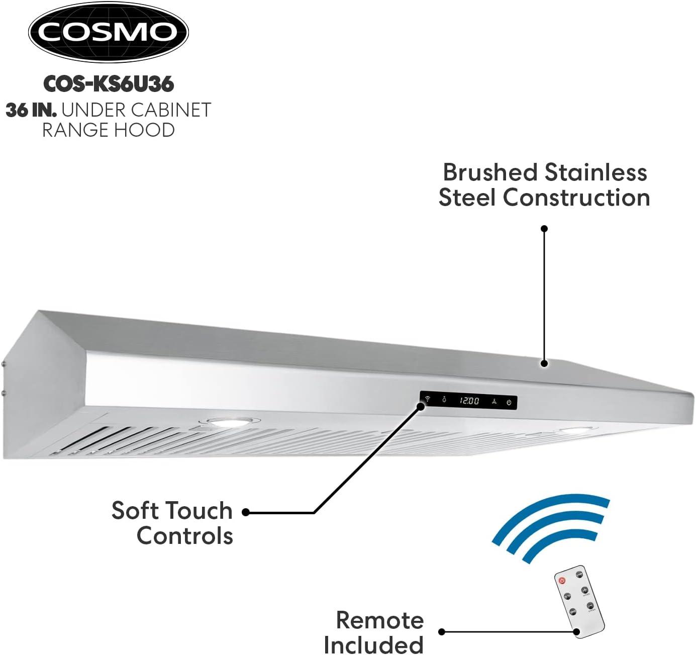 Cosmo 36" Stainless Steel 500 CFM Ducted (Vented) Under Cabinet Range Hood with Baffle Filter