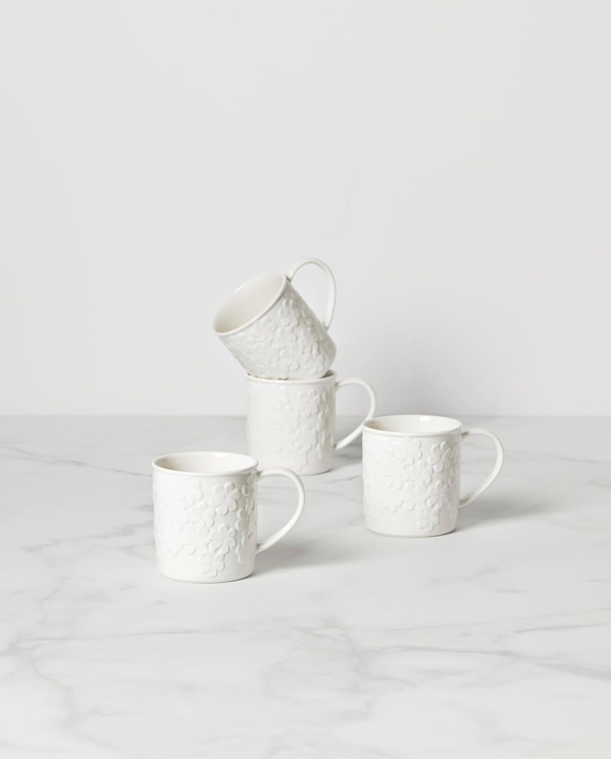 White Ceramic Embossed Floral Mug Set, 4-Piece