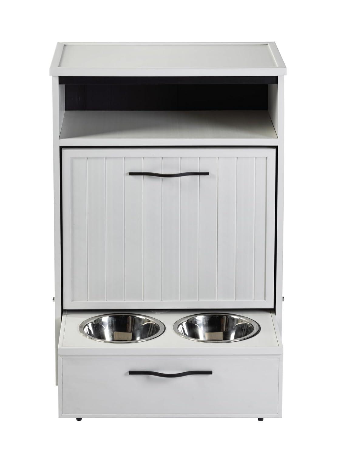 New Age Pet® ECOFLEX® Dog Food Pantry with Double Stainless Steel Bowls - Durable Composite, Includes 2x 32oz Bowls, Storage for 25 lbs of Dog Food, Easy Assembly, Moisture Resistant