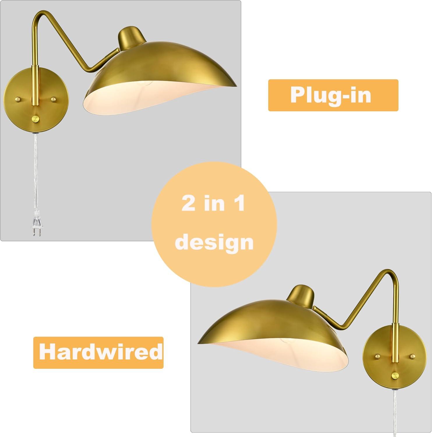 Plug-in Wall Sconce Gold Swing Arm Wall Sconce Brass Wall Lamp with on/Off Switch for Bedroom Set of 2