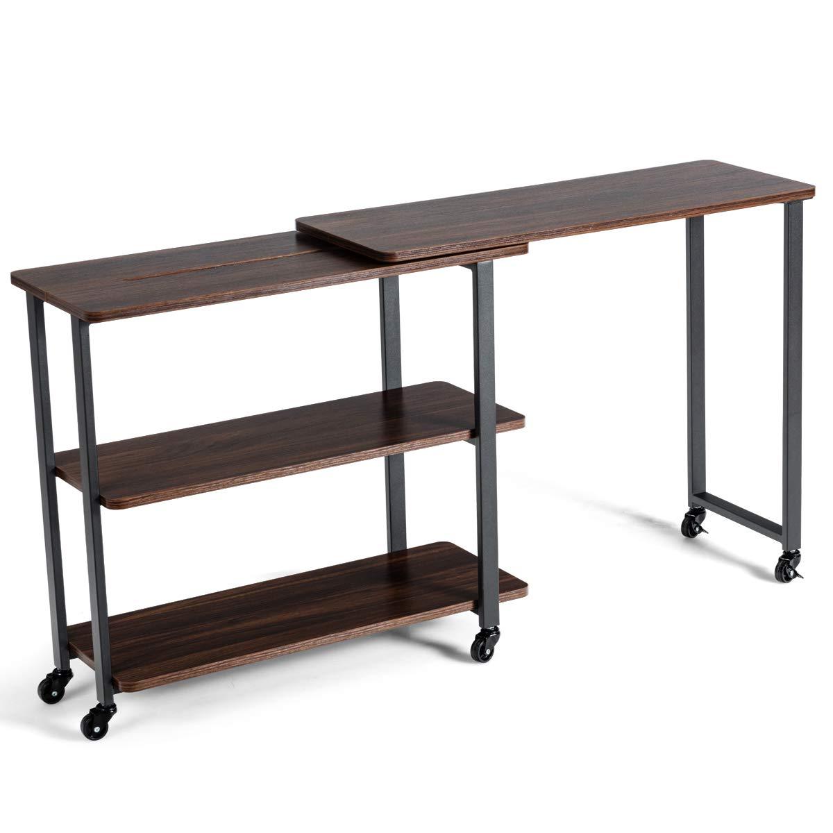 KOTEK 360 ° Rotating Sofa Side Table, Patented L-Shaped Corner Desk with 2-Tier Storage Shelf, Mobile End Table Movable Laptop Table with Casters, for Home Office (Walnut)