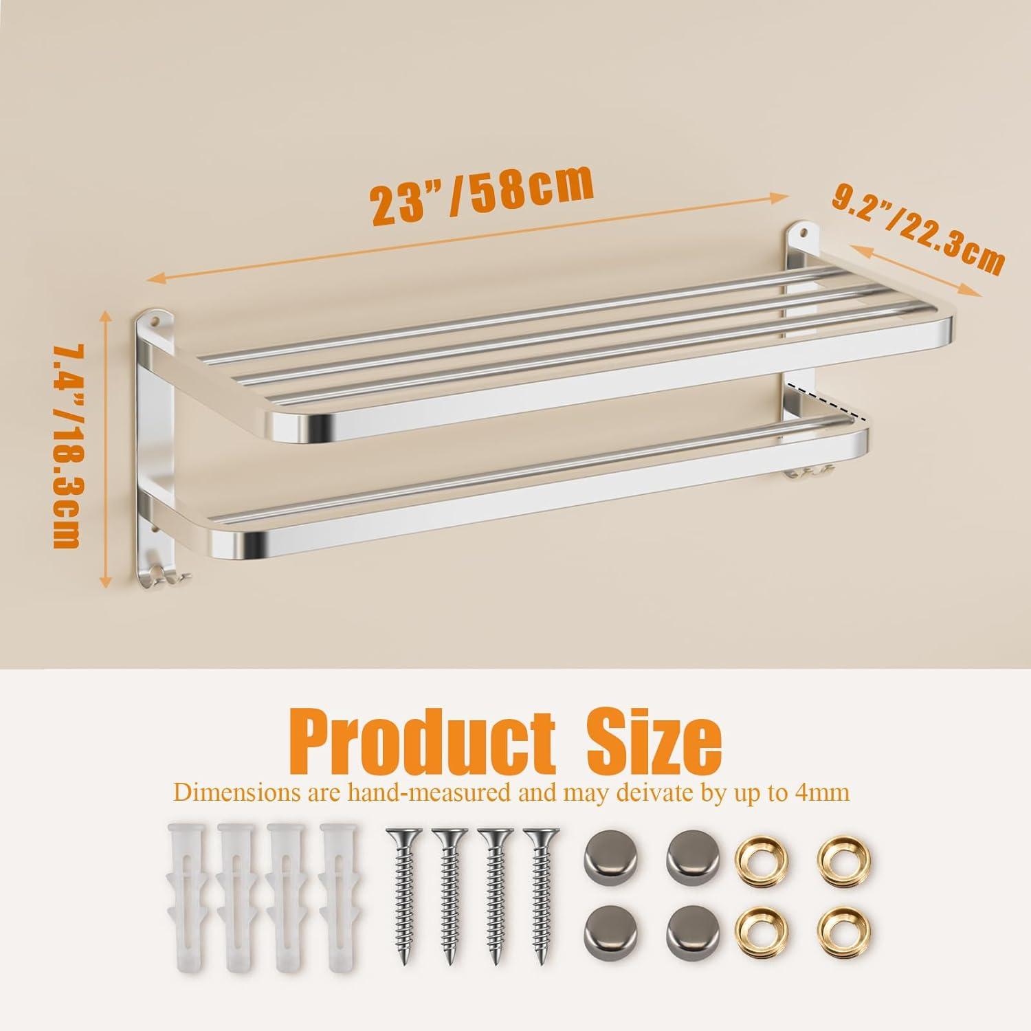 Roundhill Furniture BLK49PMD-S Bathroom Towel Rack Towel Rack Double Towel Bar Bathroom Wall Mount with Hooks Stainless Steel Hotel Bathroom Rack 23 in.