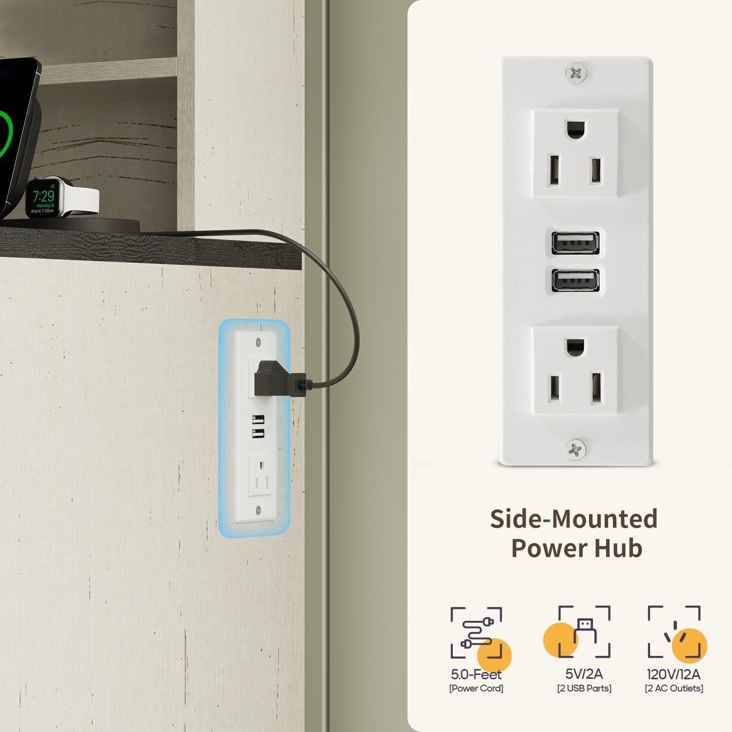 Farmhouse Makeup Vanity Desk with Sliding Lighted Mirror, Glass Top Vanity Desk with Power Outlet, Rustic Vanity Set, Antique White