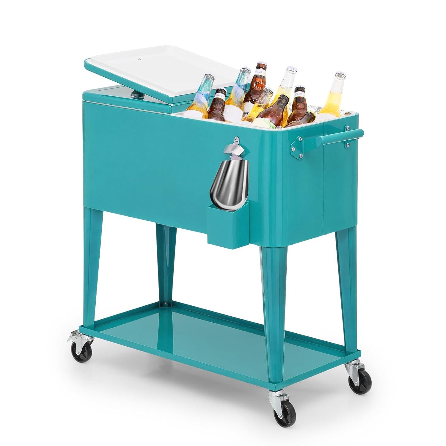 Bring Home Furniture Outdoor 80 Qt Rolling Cooler Cart, with Bottle Opener + Storage Shelf Camping Beverage Ice Chest