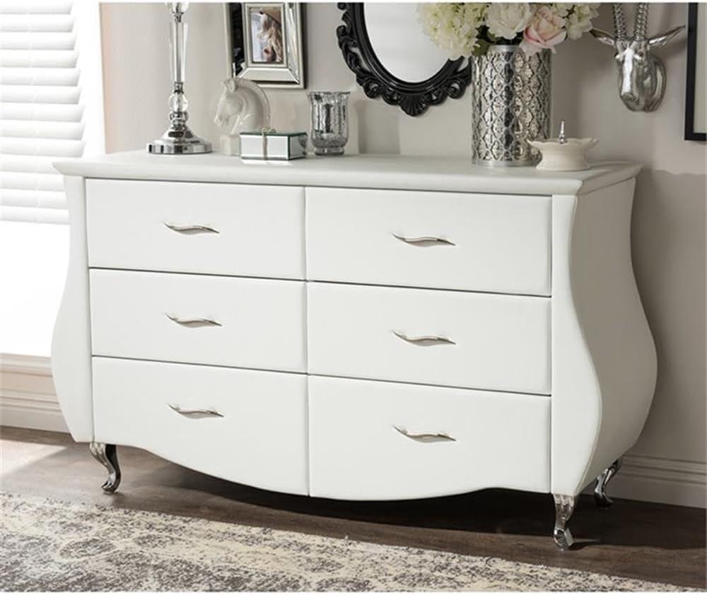 Enzo Modern and Contemporary Faux Leather 6 Drawer Dresser White - Baxton Studio: Sleek Storage, Metal Gliders