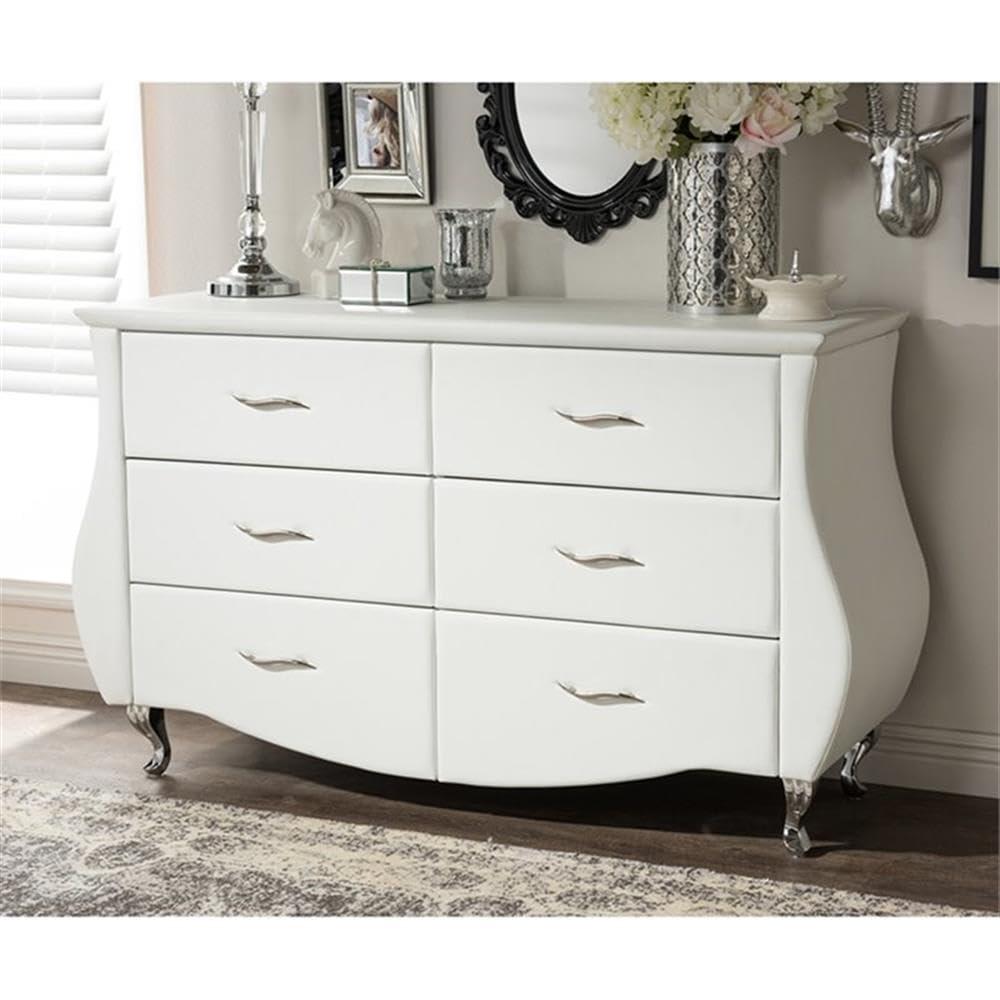 Enzo Modern and Contemporary Faux Leather 6 Drawer Dresser White - Baxton Studio: Sleek Storage, Metal Gliders