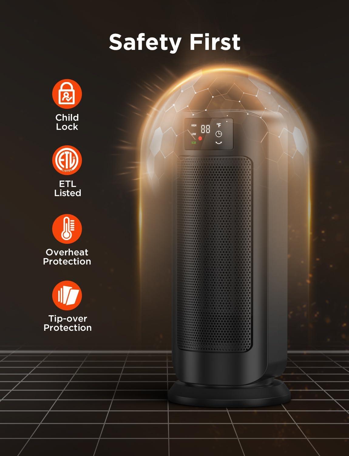 Black Ceramic Electric Tower Heater with Thermostat and Oscillation