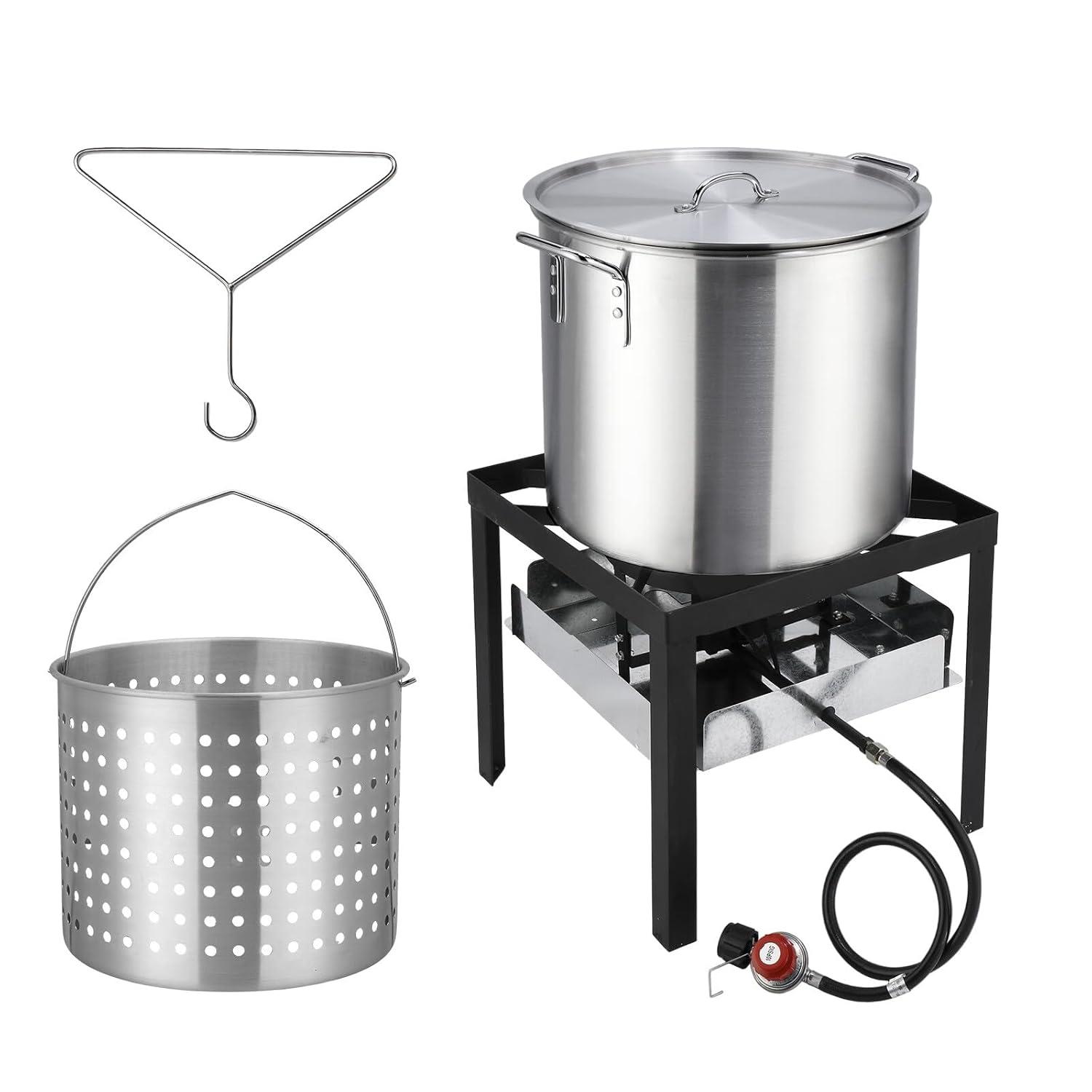 ROVSUN 60QT Turkey Fryer & Seafood Boiler Steamer with 150,000 BTU Propane Stove, Aluminum Outdoor Deep Fryer with Basket & Hook for Outdoor Backyard