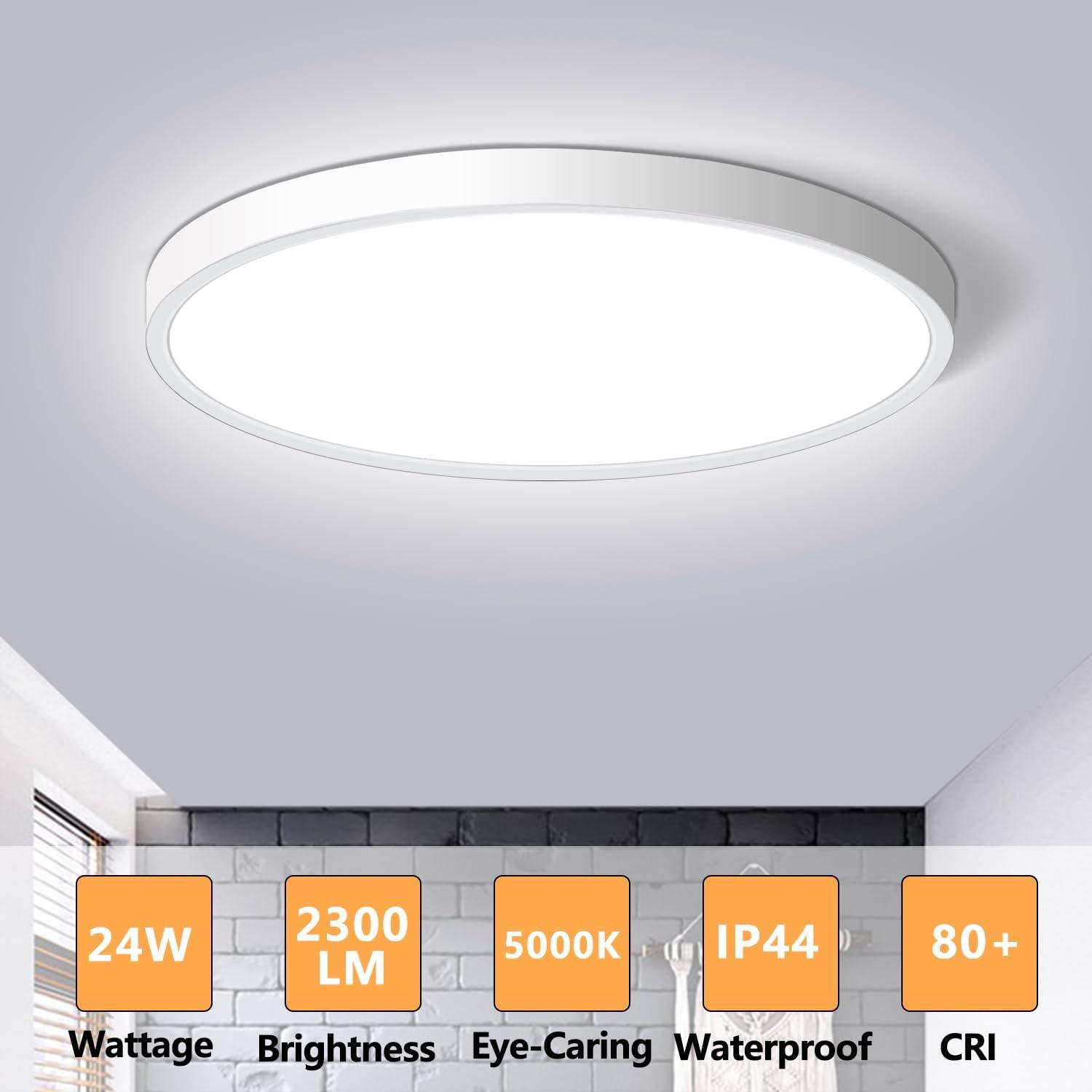 12 Inch LED Flush Mount Ceiling Light Fixture, 5000K Daylight White, 3200LM, 24W, Flat Modern round Lighting Fixture, 240W Equivalent White Ceiling Lamp for Kitchens, Stairwells, Bedrooms.Etc.