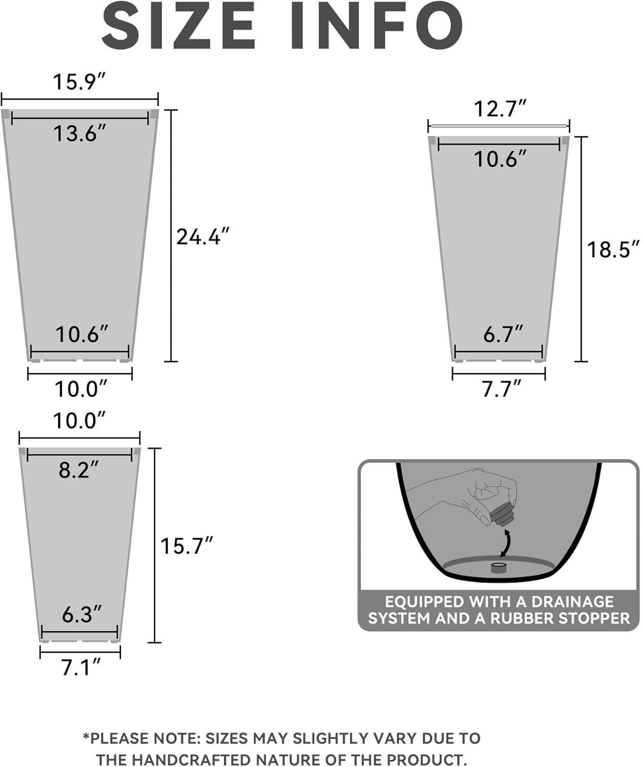 Charcoal Finish Tall Concrete Planter Set with Drainage Holes