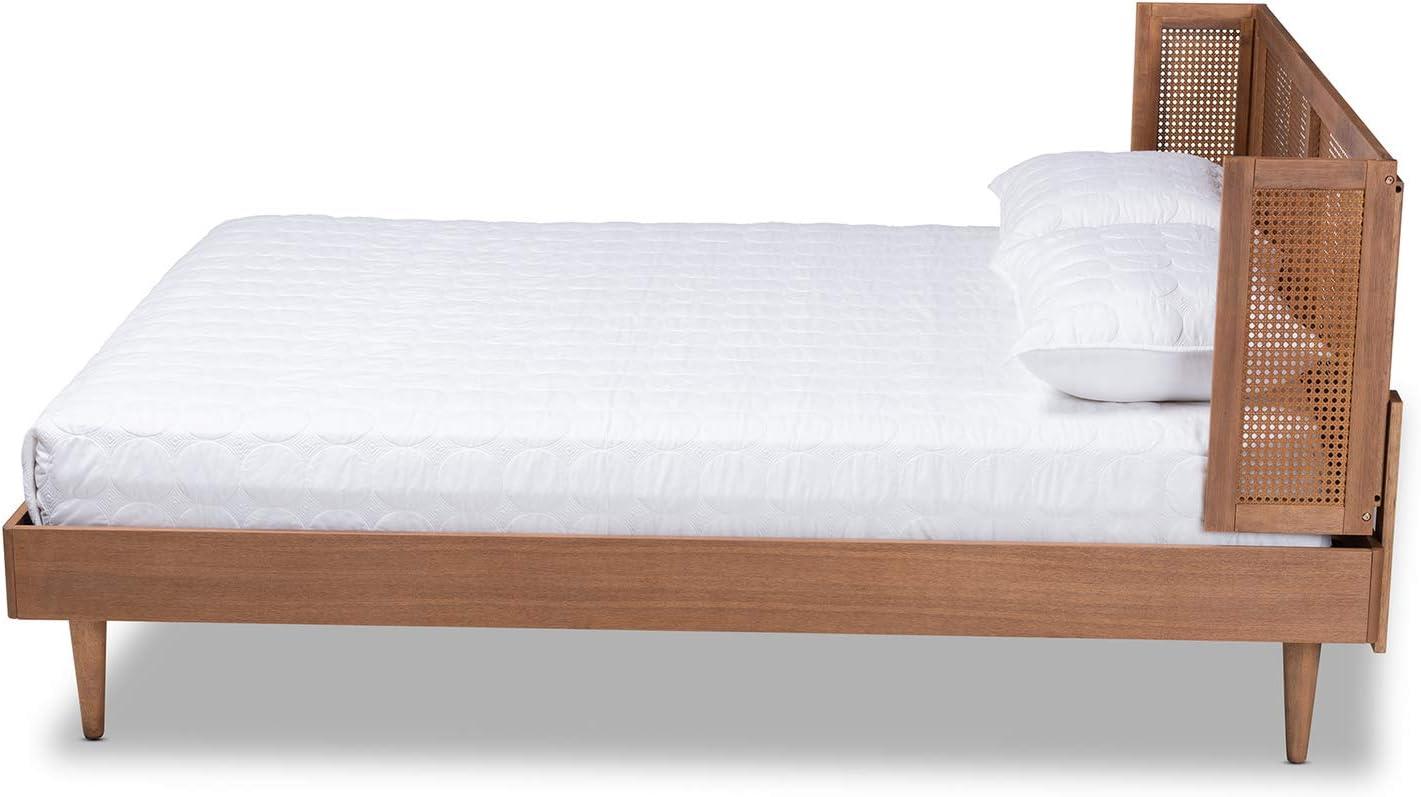 Queen Rina Wood Platform Bed with Headboard Ash Walnut - Baxton Studio: Mid-Century Modern Design, Synthetic Rattan Panel