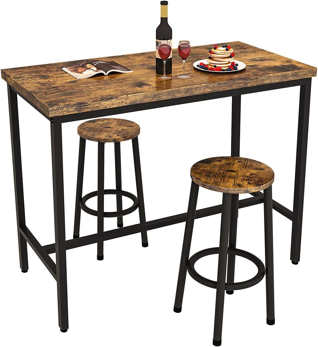 Recaceik Bar Table Set-3PCS Kitchen Counter-Dining Table with 2 Stools, for Home-Farmhouse-Restaurant-Cafe-Kitchen-Dining, Artificial Wood Top & Sturdy Steel Frame, Rustic Brown