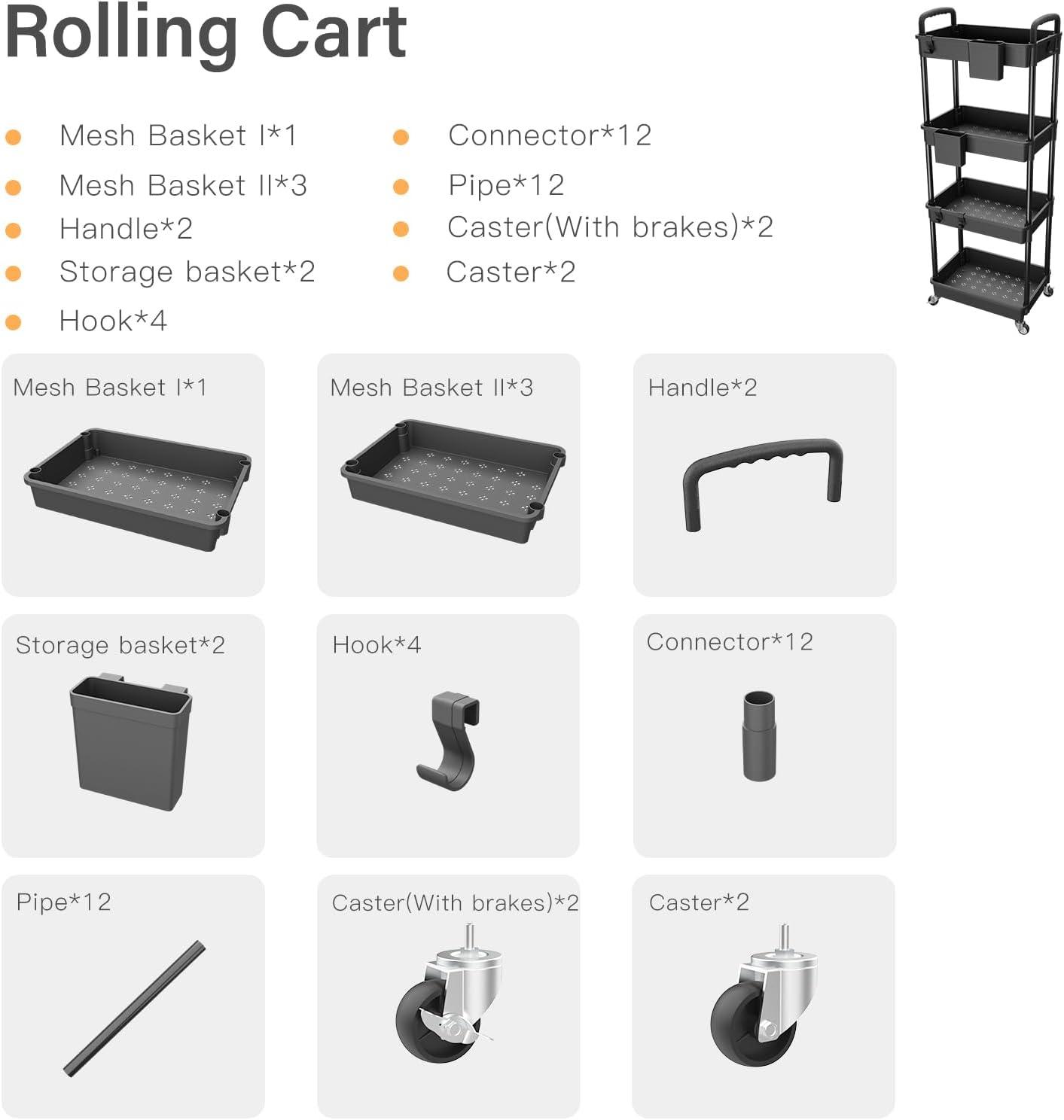 Black 4-Tier Rolling Utility Cart with Drawer