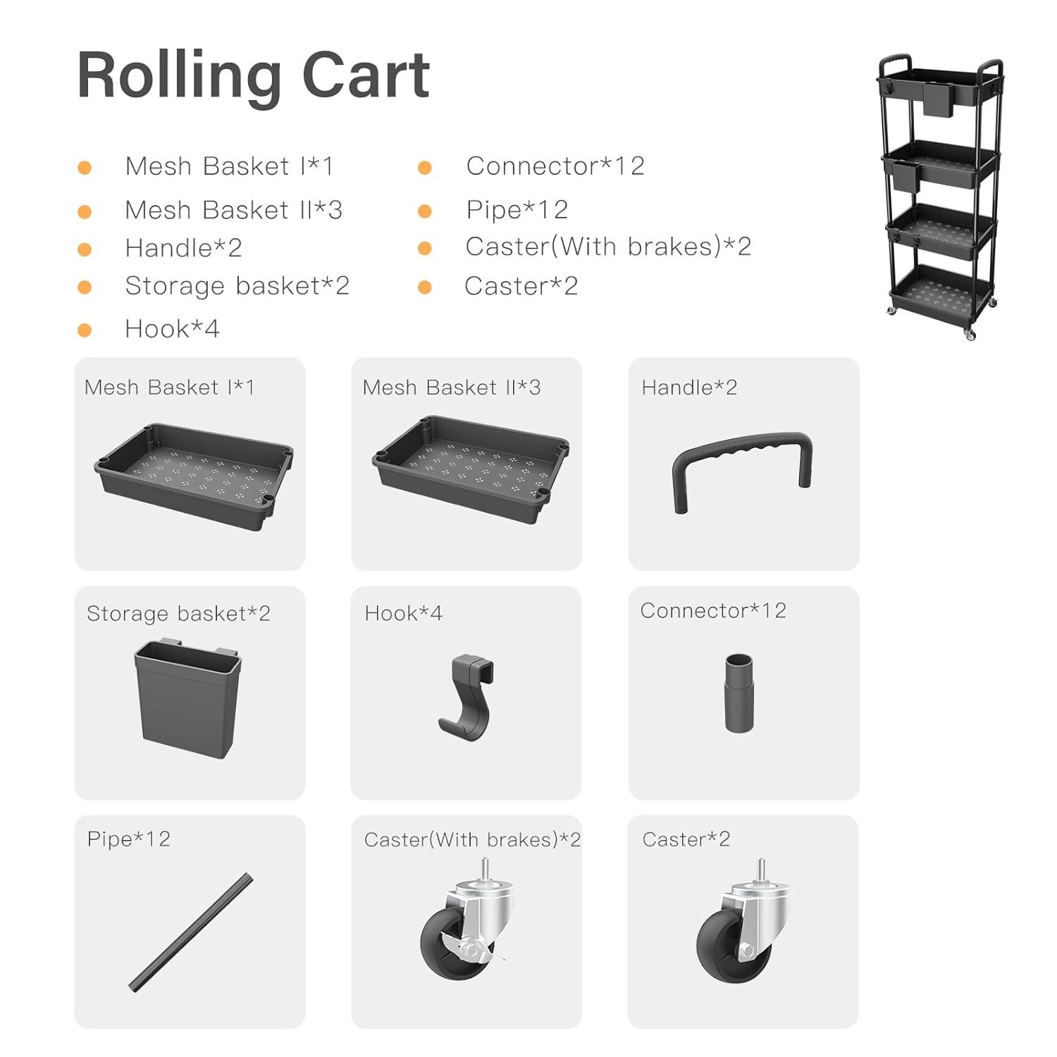 4 Tier Rolling Utility Cart with Handle,REBECAT Utility Cart Made of Multifunctional Storage Organizer Tool for Kitchen,Bathroom,Living Room,Office(Black)