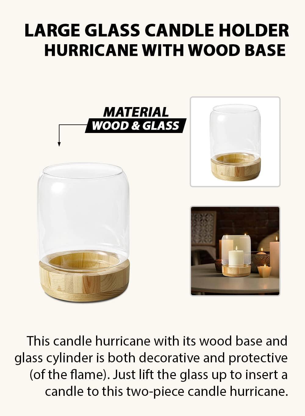 Serene Spaces Living Large Glass Candle Holder Hurricane with Wood Base, Decorative Accent for Wedding, Party, Event, Home Decor, Measures 8" Tall and 6" Diameter