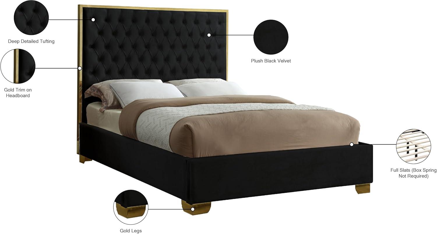 Lana Black Velvet Queen Bed-Color:Black Velvet,Finish:Gold,Style:Contemporary