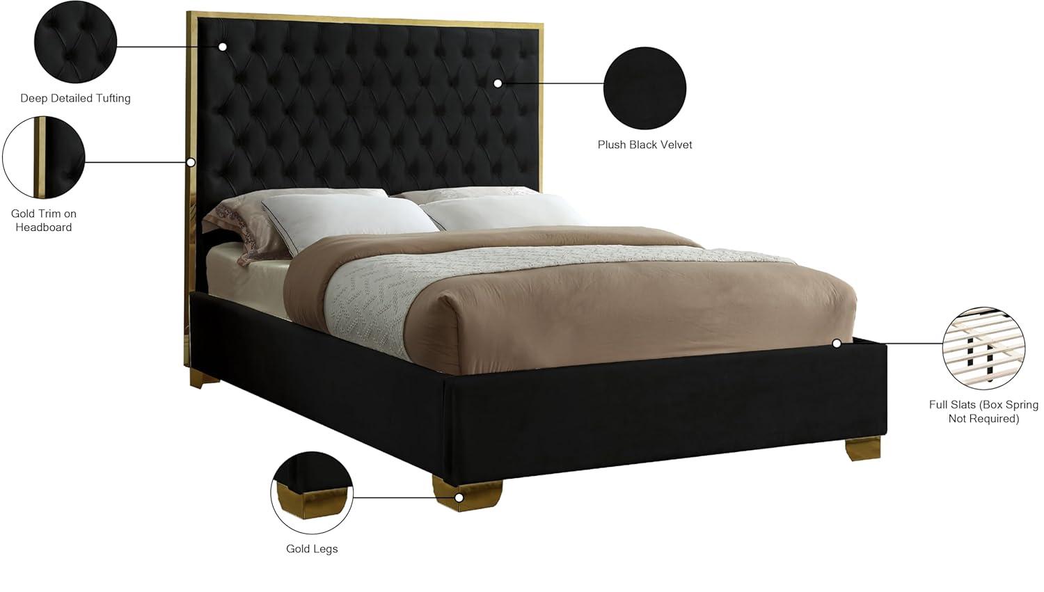 Lana Black Velvet Queen Bed-Color:Black Velvet,Finish:Gold,Style:Contemporary