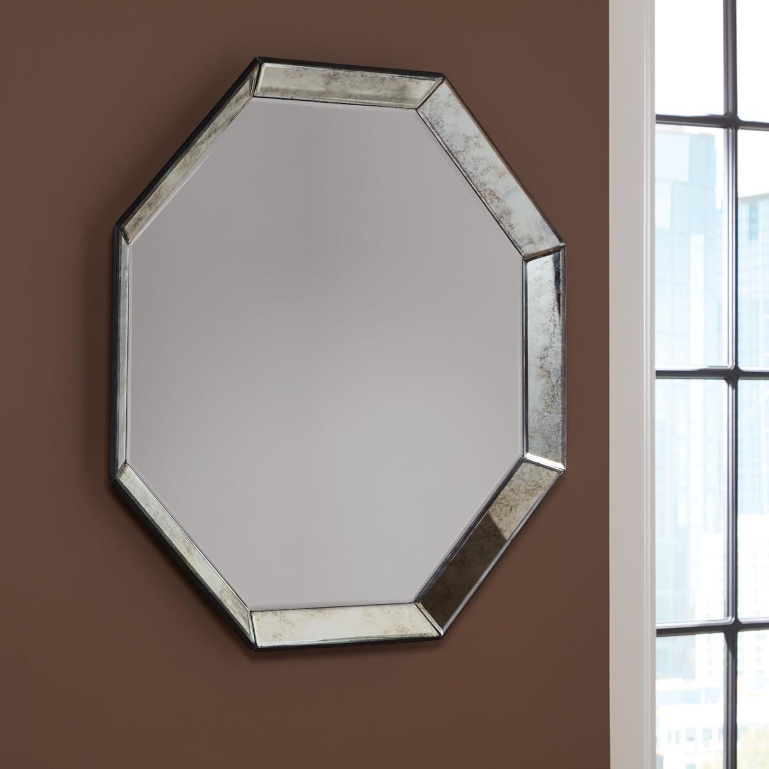 Silver Octagonal Contemporary Accent Mirror with Antiqued Frame