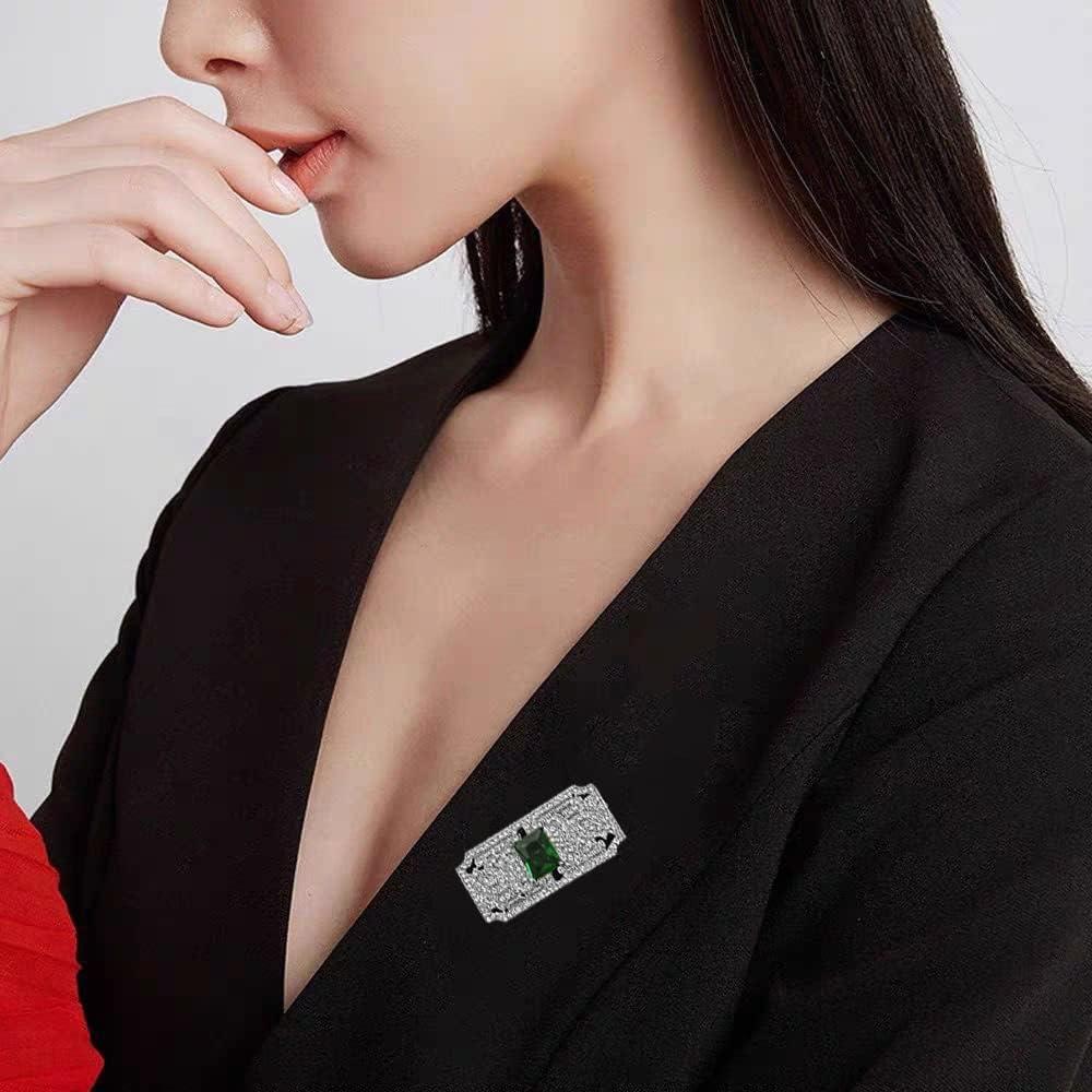 Bohemian Green CZ Rectangle Brooch Pin for Women Silver Plated Dainty Emerald Birthstone Vintage Filigree Geometric Brooches Lapel Pins Dress Accessories Wedding Mother's Birthday Jewelry Gift