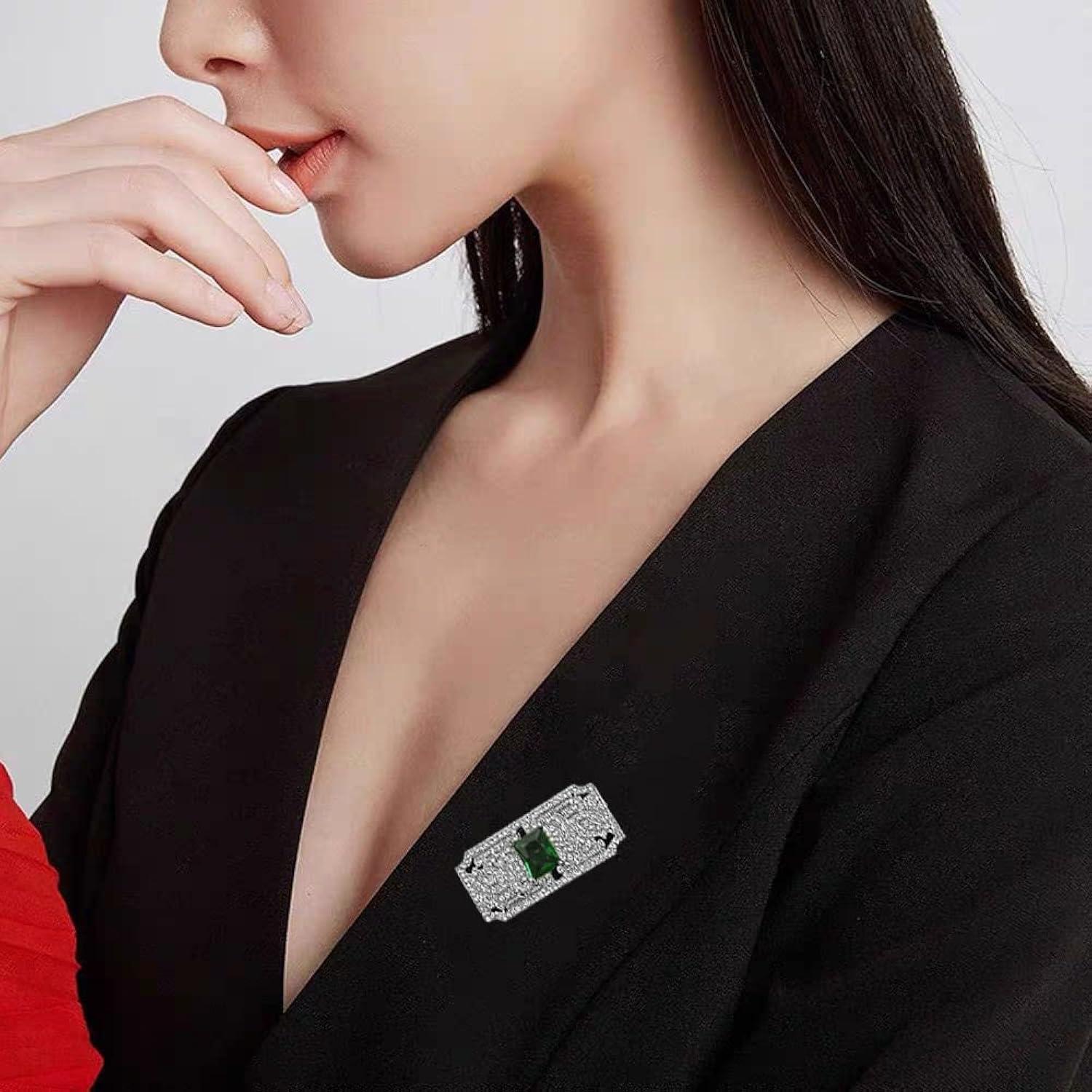 Bohemian Green CZ Rectangle Brooch Pin for Women Silver Plated Dainty Emerald Birthstone Vintage Filigree Geometric Brooches Lapel Pins Dress Accessories Wedding Mother's Birthday Jewelry Gift