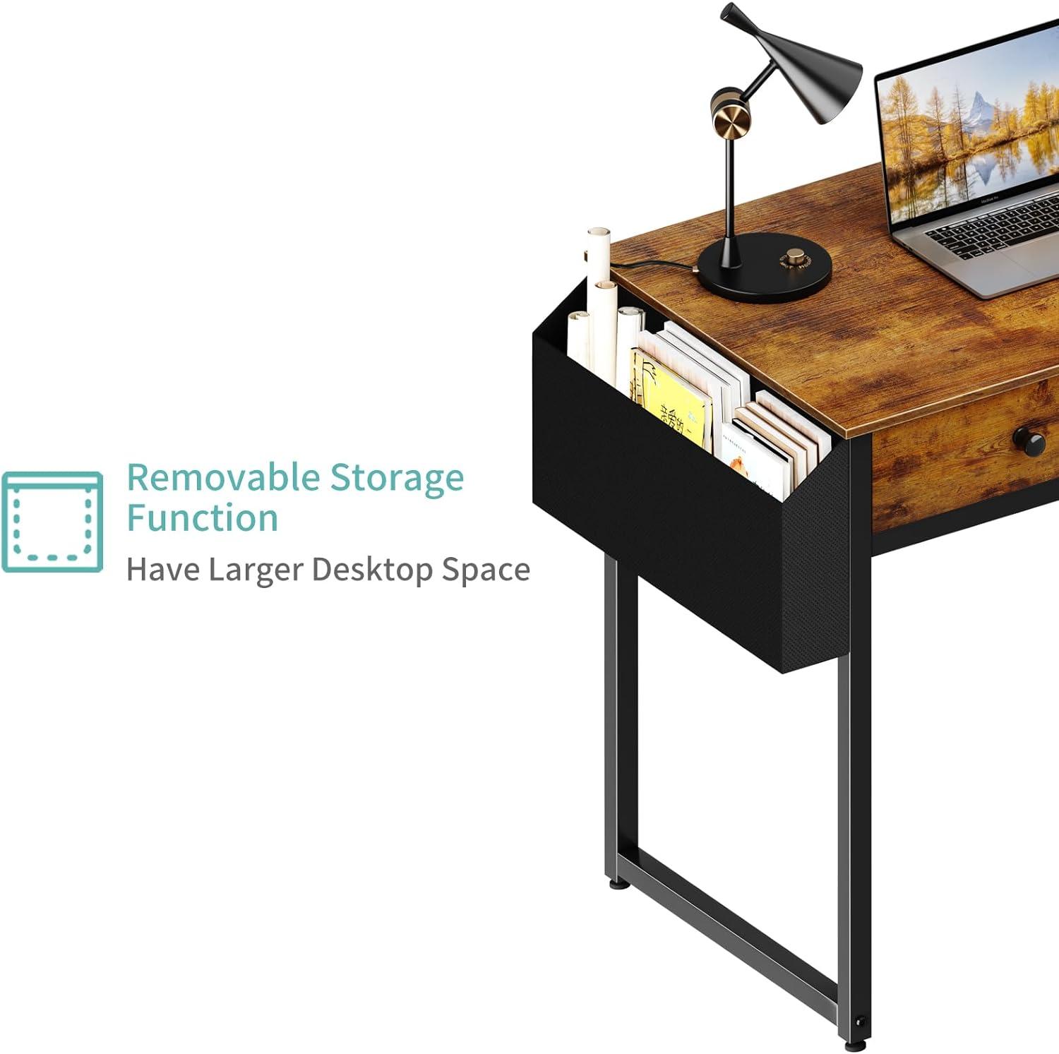 Lufeiya 40 Inch Desk with Drawers for Bedroom - 39 Inch Home Office Desks with 3 Fabric Storage Drawer and Pocket, Study Writing Table Rustic Computer Desk, Vintage Brown