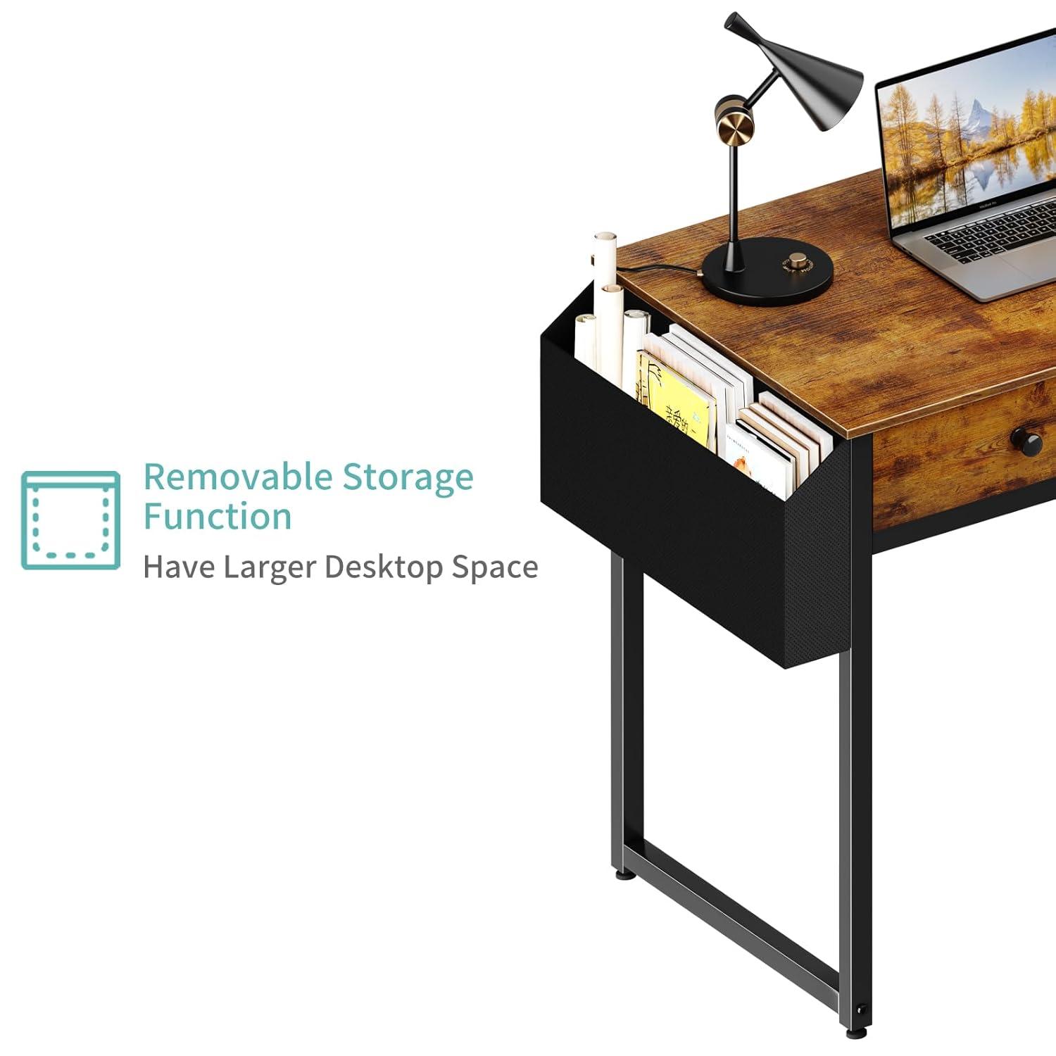 Lufeiya 40 Inch Desk with Drawers for Bedroom - 39 Inch Home Office Desks with 3 Fabric Storage Drawer and Pocket, Study Writing Table Rustic Computer Desk, Vintage Brown