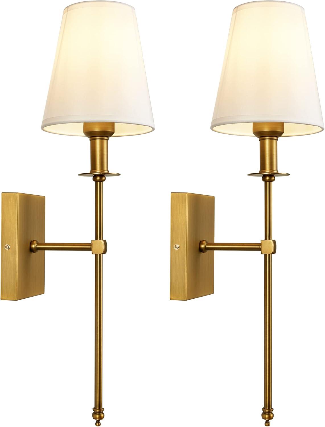 Antique Brass Wall Sconce Set with White Fabric Shade