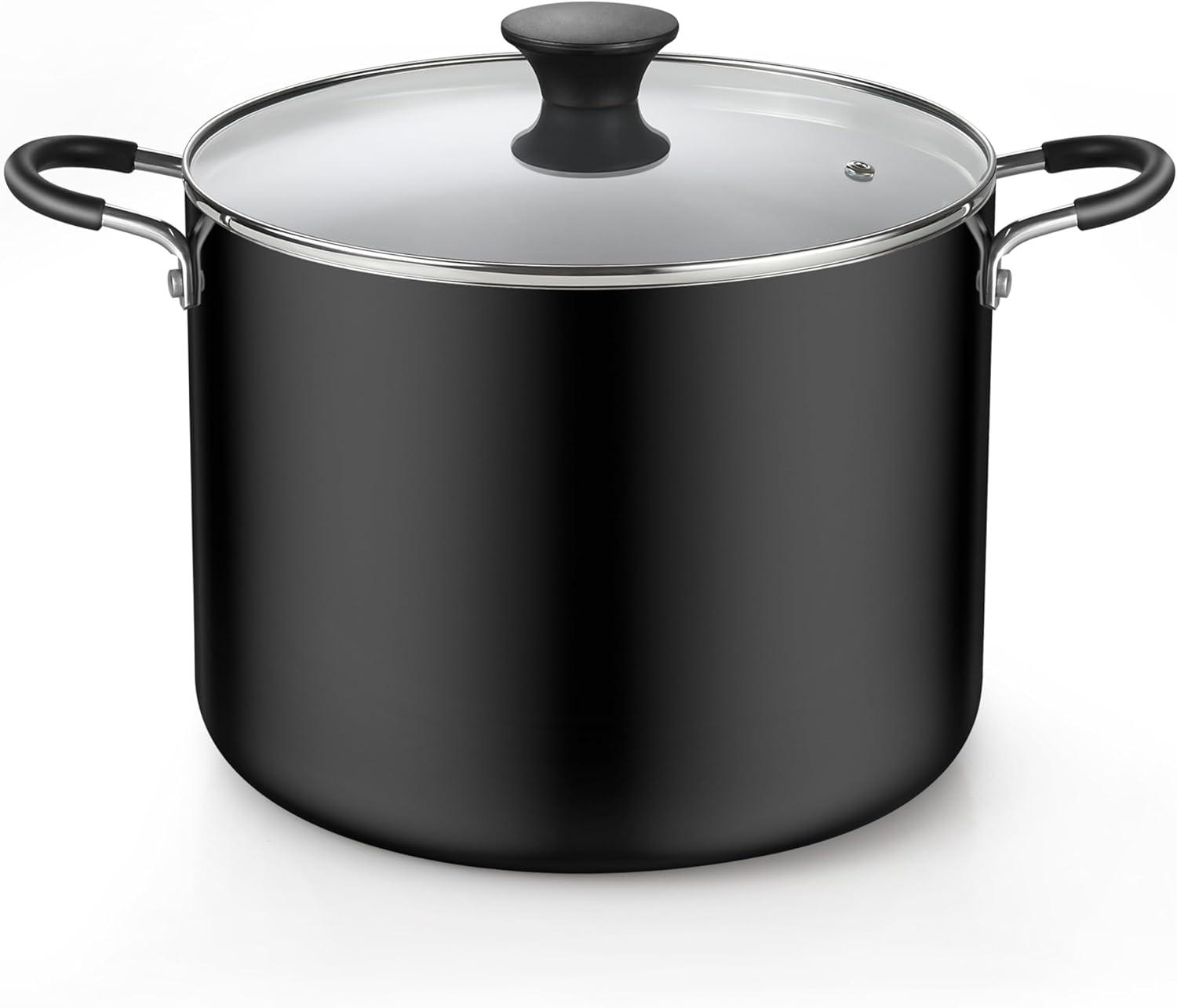 Farberware 10.5qt Aluminum Nonstick Covered Stockpot Black: Dishwasher-Safe, Electric & Gas Compatible Cooking Pot