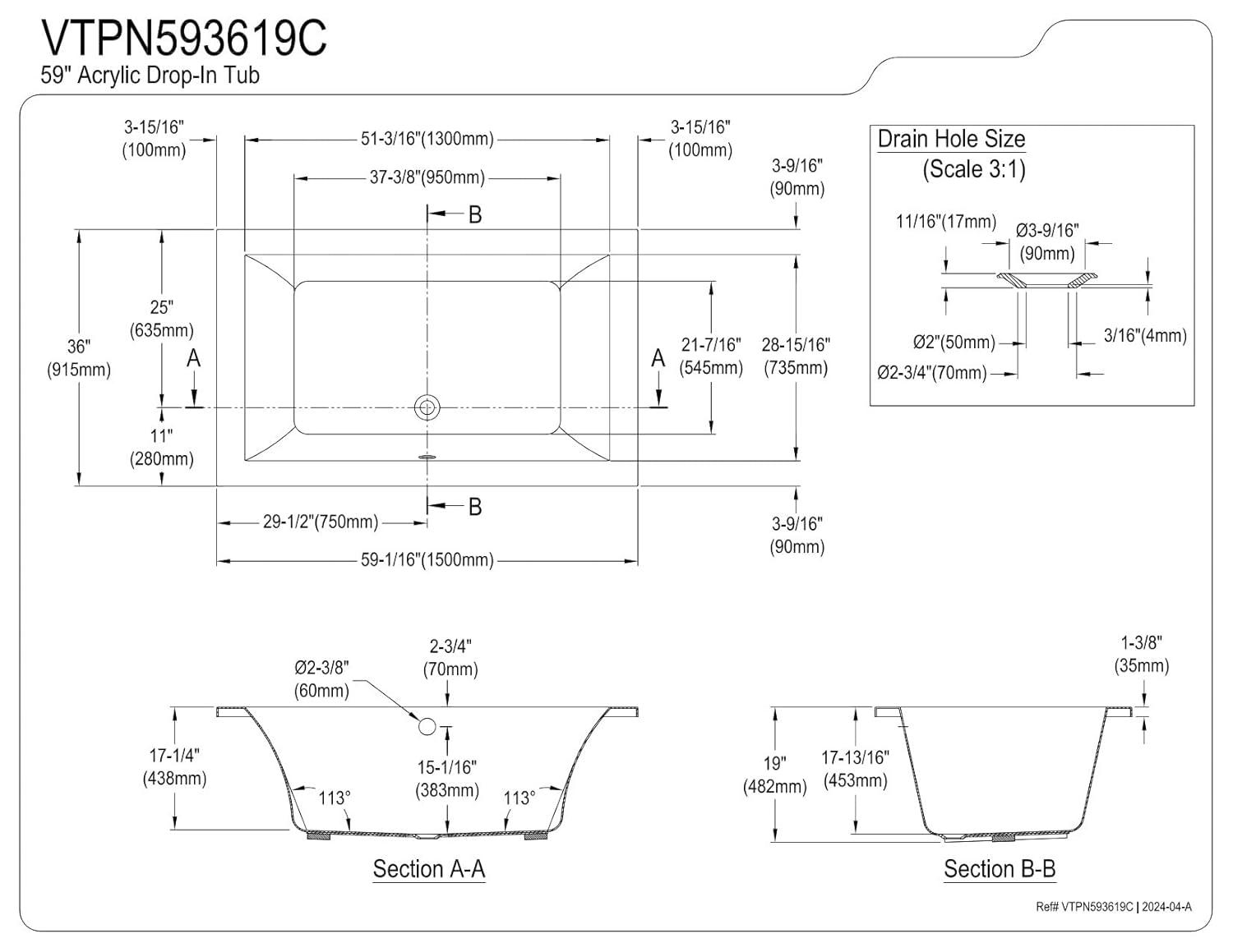 Kingston Brass Aqua Eden 59-Inch Acrylic Rectangular Drop-In Tub with Reversible Drain