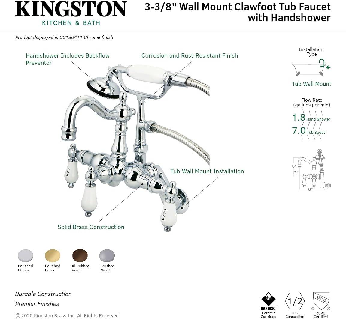 Kingston Brass Vintage Three-Handle 2-Hole Tub Wall Mount Clawfoot Tub Faucet with Hand Shower