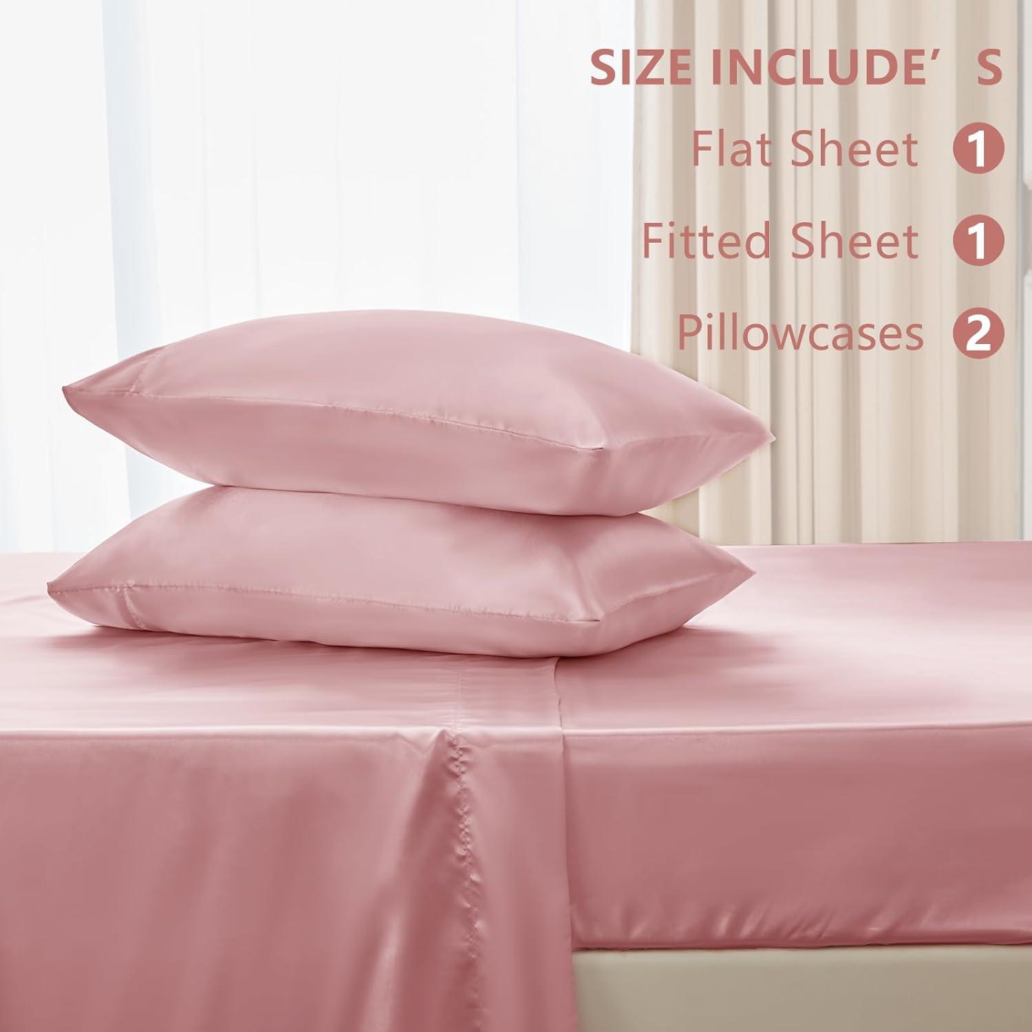 ANMINY Satin Sheets Twin Silk Sheets Bean Paste Color Bed Sheet Set Deep Pocket Bed Flat Fitted Sheet, 3-Pieces