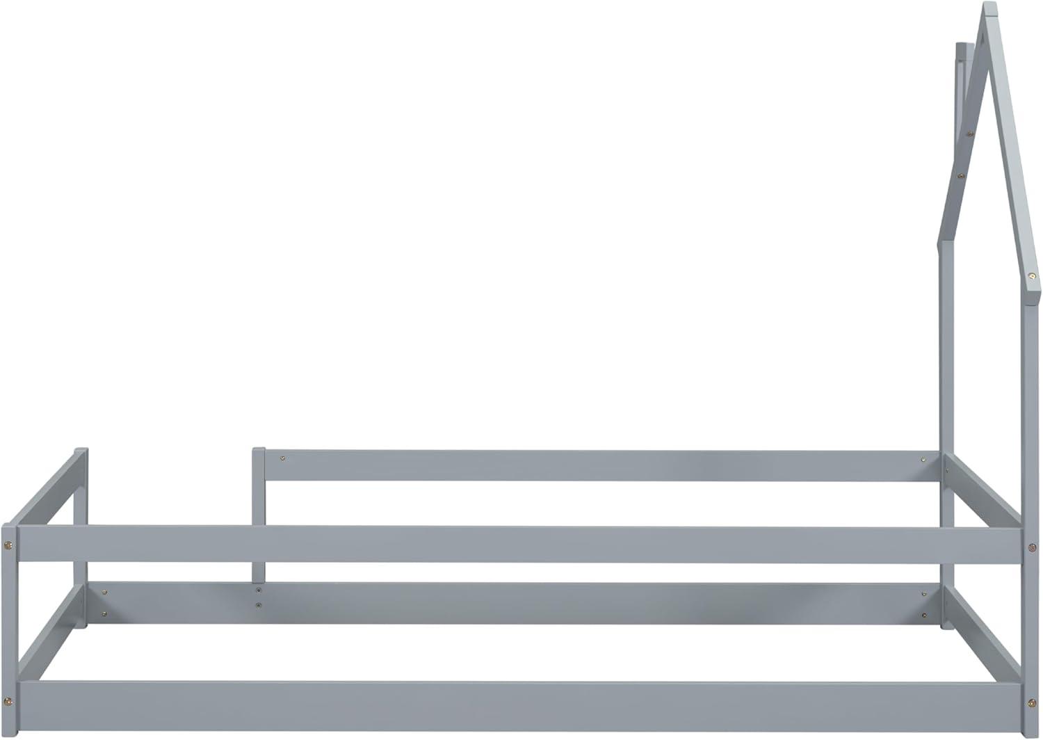 Kids Montessori Floor Bed, Twin Size Wooden Floor Bed Frame with Fences Guardrails and House Shape Headboard, Without Slats Support, Grey