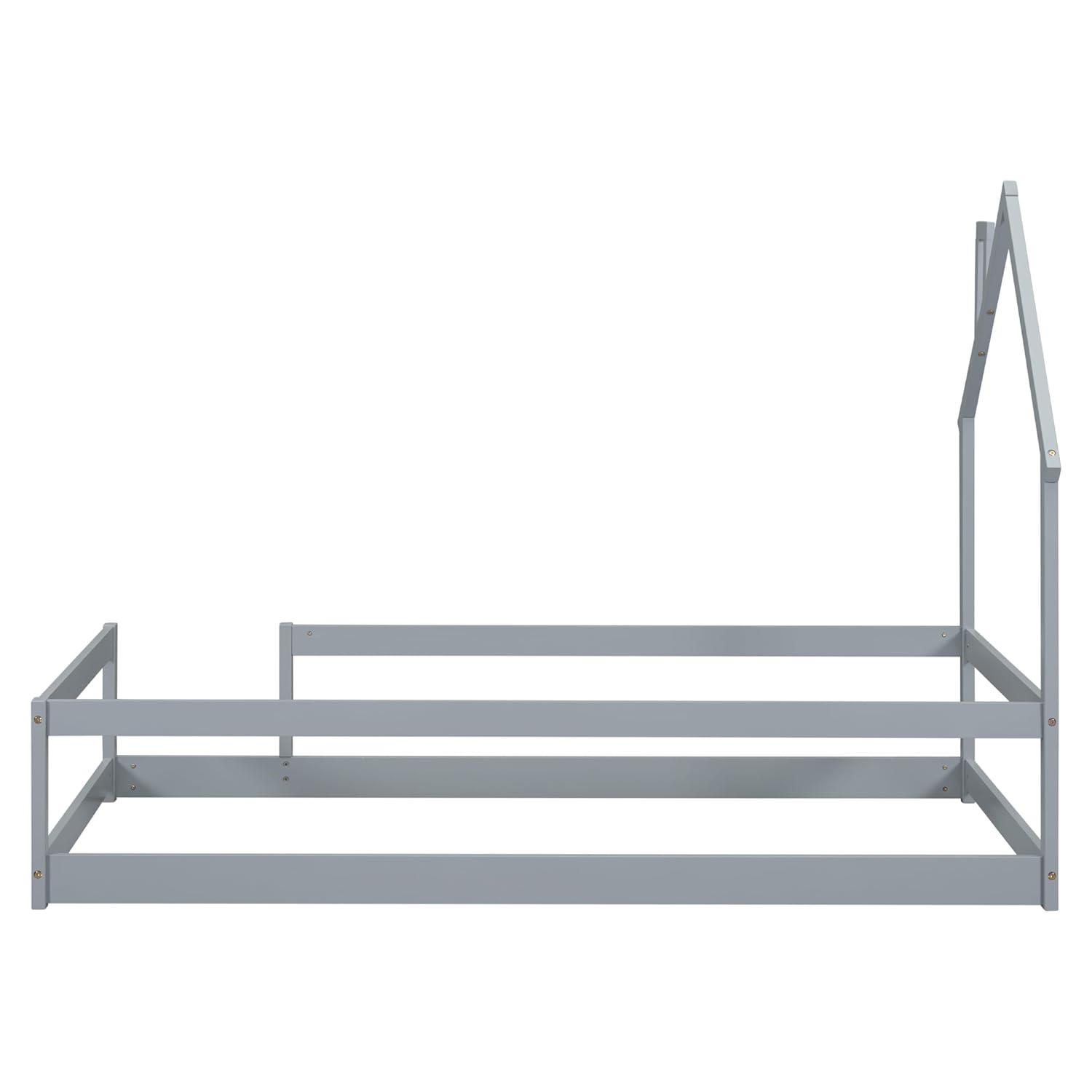 Kids Montessori Floor Bed, Twin Size Wooden Floor Bed Frame with Fences Guardrails and House Shape Headboard, Without Slats Support, Grey