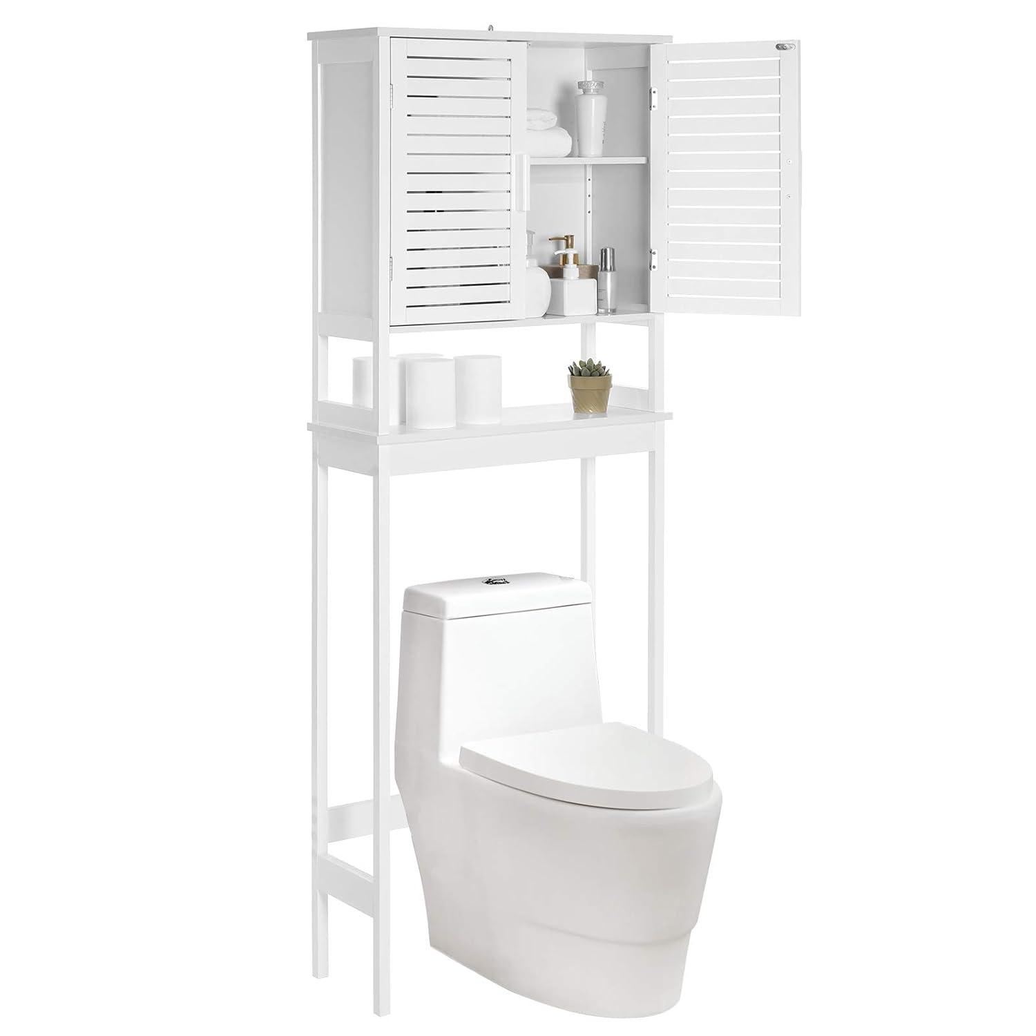 Over-The-Toilet Storage Bathroom Cabinet with Adjustable Inside Shelf and Bottom Stabilizer Bar White