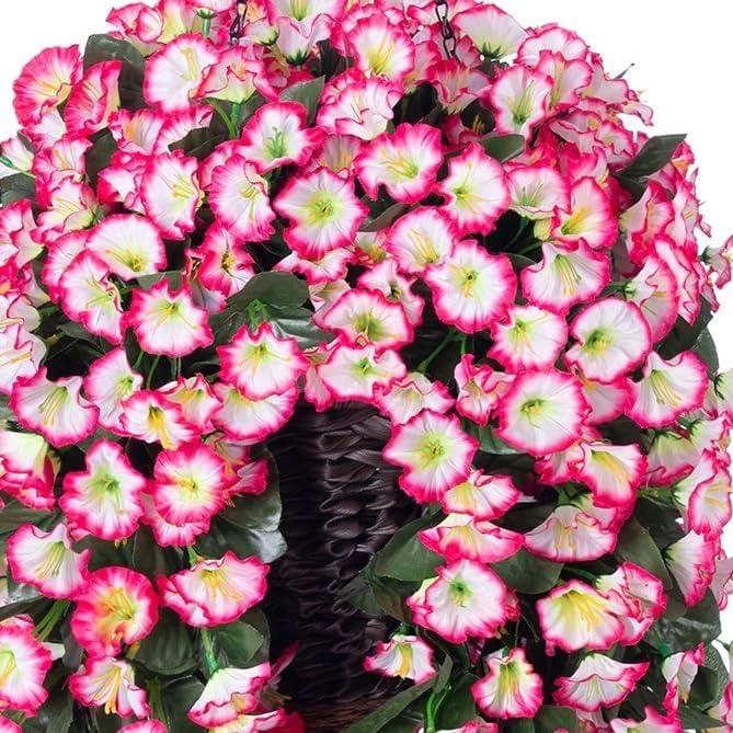 Artificial Hanging Flowers in Basket Fake Plant for Outside, Silk Pink Morning Glory Flower Arrangement for Outdoor Decor, UV Resistant Realistic Floral Planter for Porch Patio Balcony