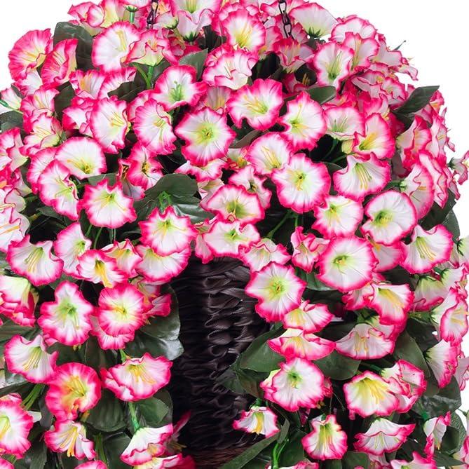 Artificial Hanging Flowers in Basket Fake Plant for Outside, Silk Pink Morning Glory Flower Arrangement for Outdoor Decor, UV Resistant Realistic Floral Planter for Porch Patio Balcony