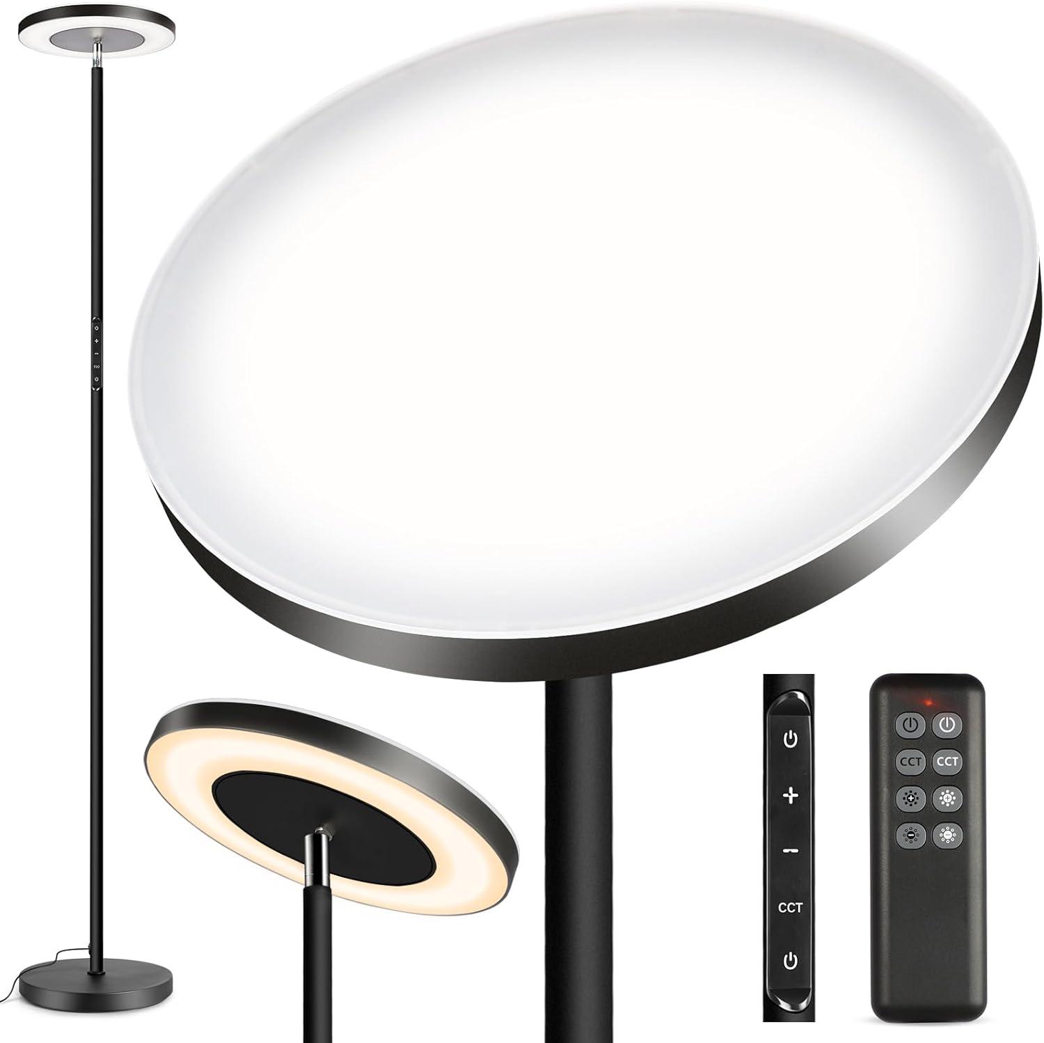 Black Adjustable LED Torchiere Floor Lamp with Remote Control