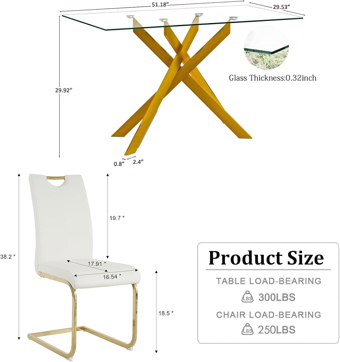 Henf 5 Piece Gold Dining Table Set for 4, Modern Glass Kitchen Table and Chairs for 4, Dining Room Table Set with 51" Glass Dinner Table & 4 White Faux Leather Chairs for Small Space,Home, Apartment