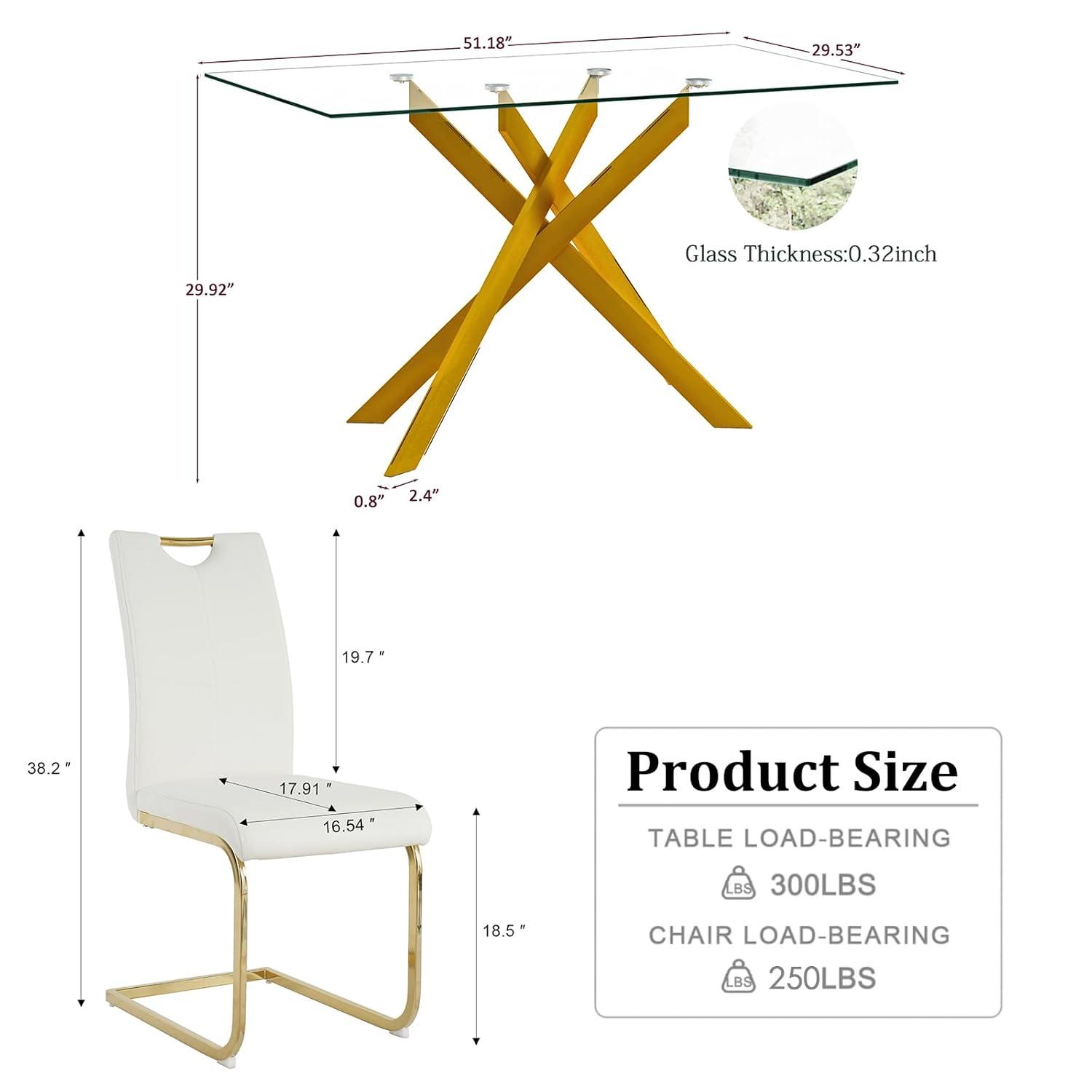 Henf 5 Piece Gold Dining Table Set for 4, Modern Glass Kitchen Table and Chairs for 4, Dining Room Table Set with 51" Glass Dinner Table & 4 White Faux Leather Chairs for Small Space,Home, Apartment