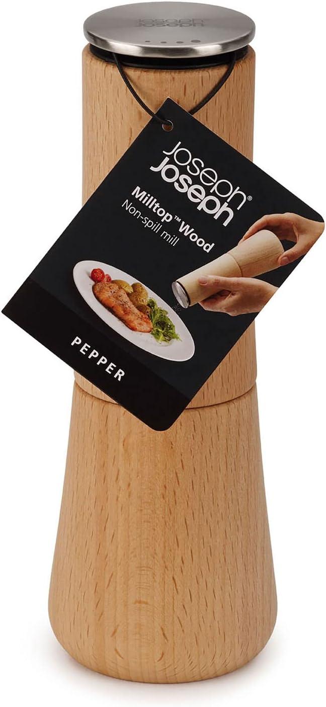 Joseph Joseph Milltop Beech Wood No-Spill Pepper Mill: Kitchen Utensil, Natural Wood, Adult Use, 7.48" Height