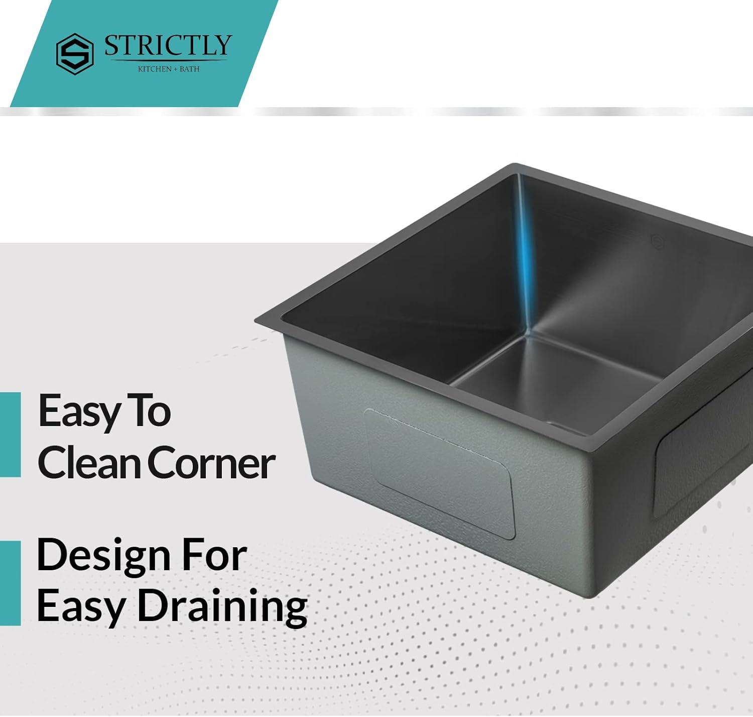 Strictly Sinks Undermount Copper Kitchen Sink – 18 Inch Single Bowl Bar Prep Sink 16 Gauge Stainless Steel