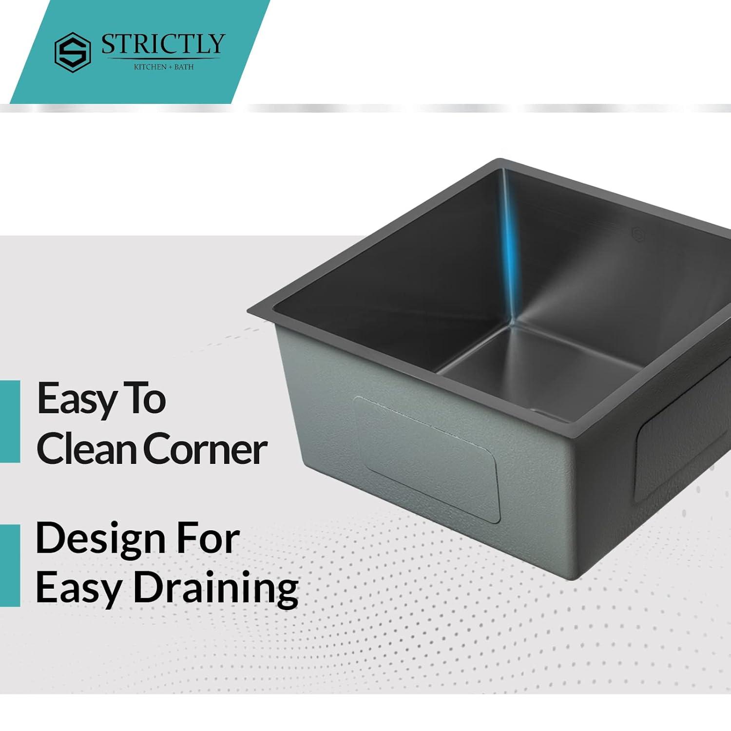 Strictly Sinks Undermount Copper Kitchen Sink – 18 Inch Single Bowl Bar Prep Sink 16 Gauge Stainless Steel